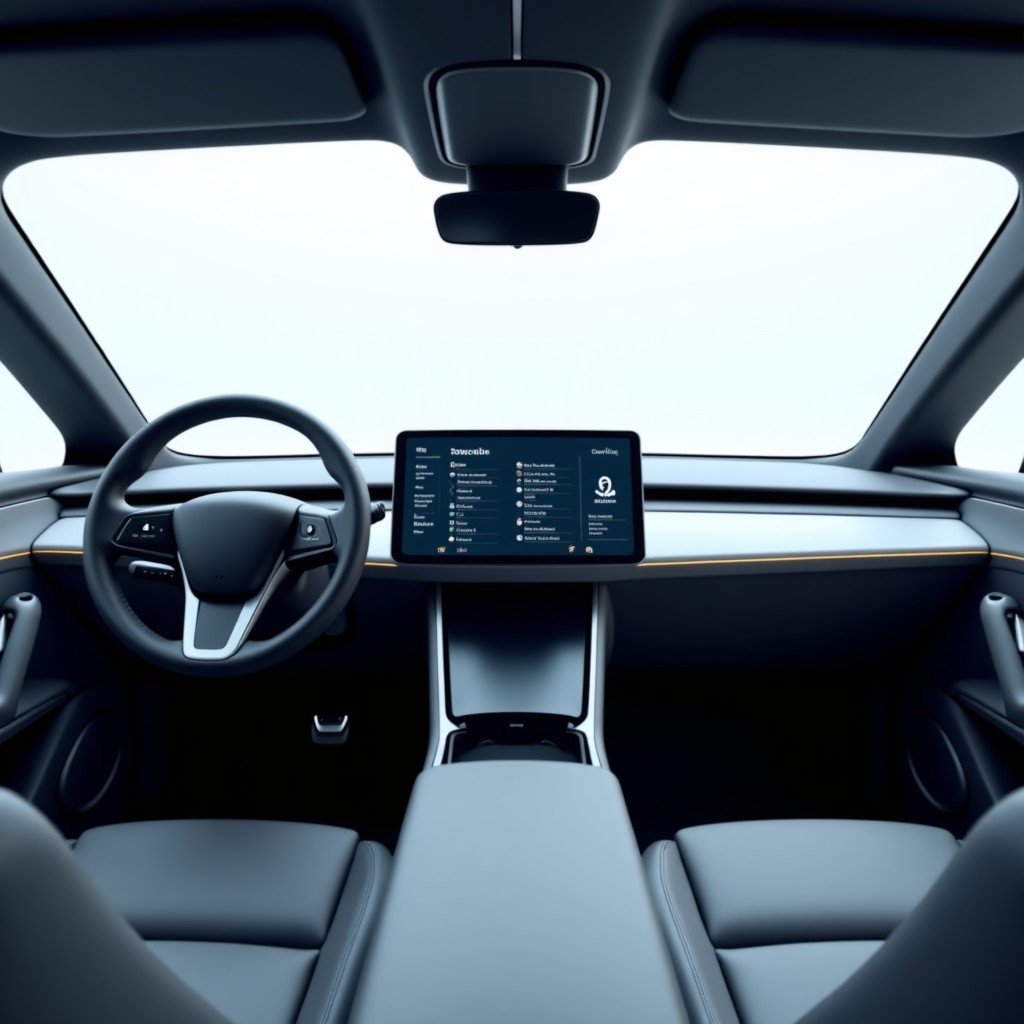 A futuristic electric car dashboard featuring a large central touchscreen displaying a modern smartphone integration interface, sleek minimalist interior, high-tech aesthetic, cinematic lighting, 4:3