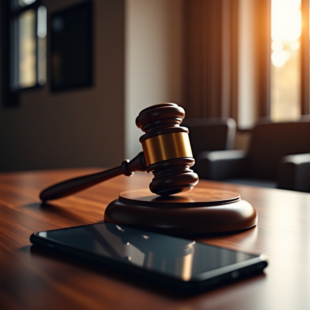 A cinematic shot of a high-tech courtroom, a wooden gavel on a desk next to a modern smartphone, bright professional lighting, sleek atmosphere, 1:1
