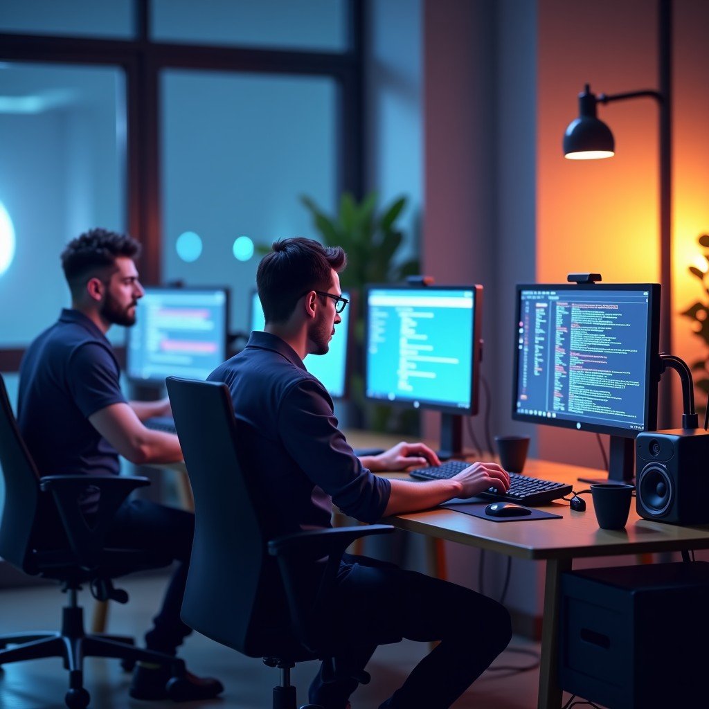 A professional tech office environment with high-end computers, developers working on AI software, warm indoor lighting, modern office design, 4:3