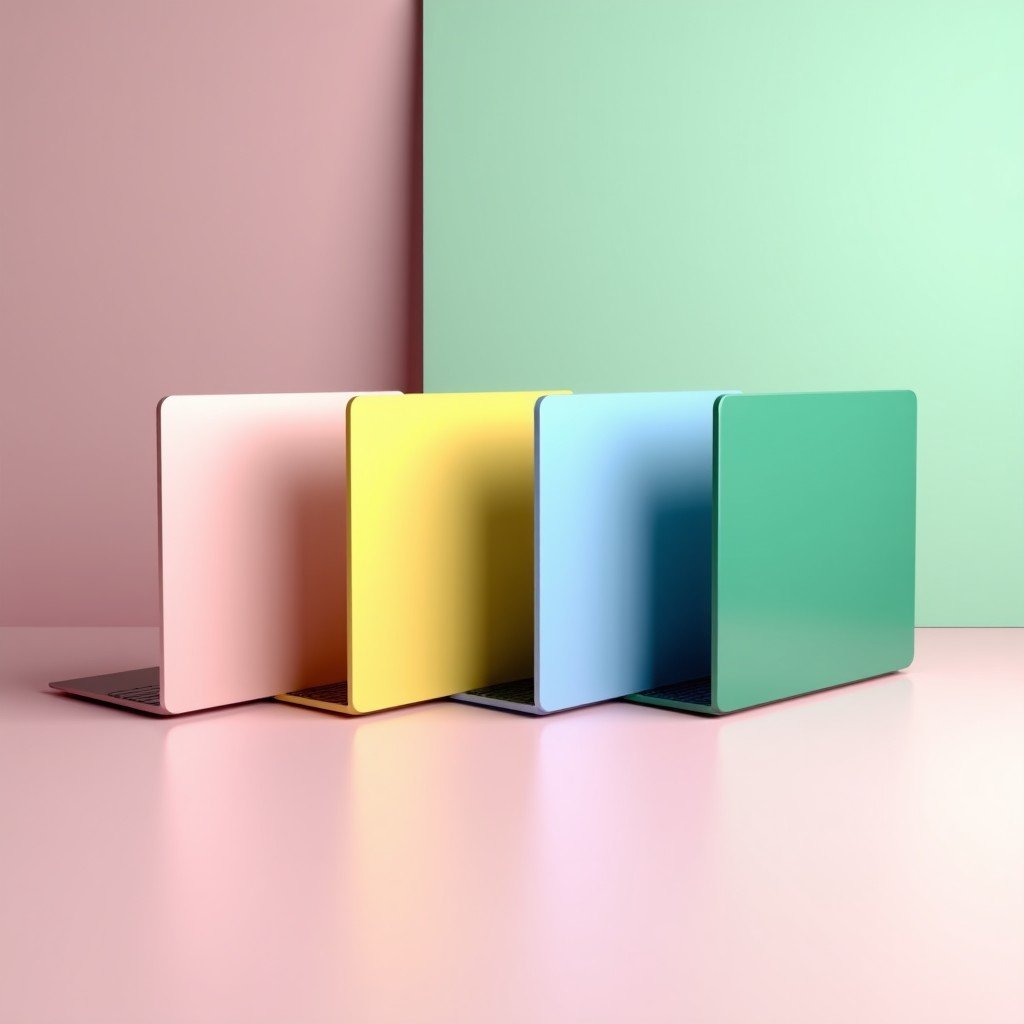 A row of four slim laptops in pastel colors like pink blue yellow and green, clean minimalist studio background, high contrast, 4:3