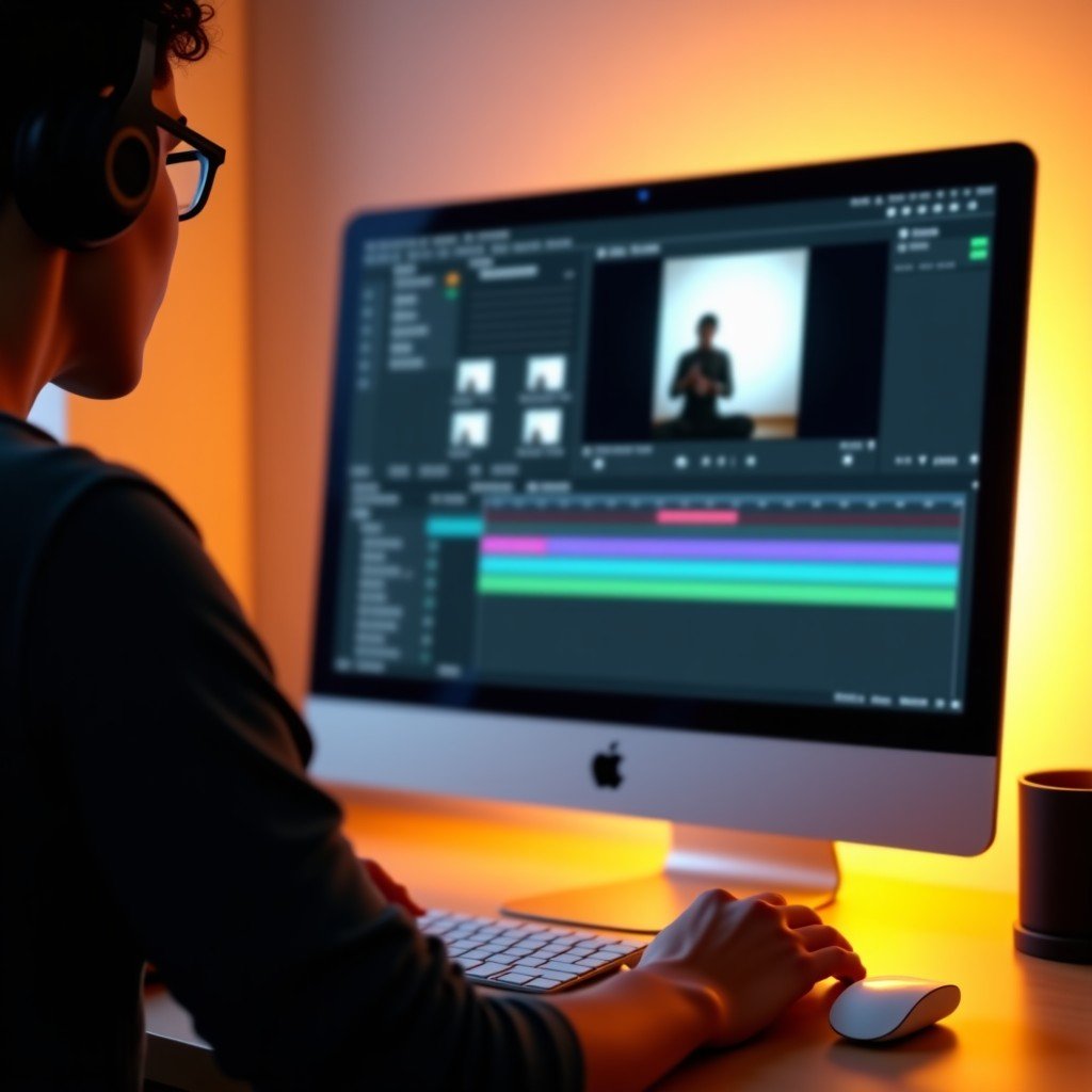 A creative professional using Final Cut Pro on a remote Mac screen with a smooth timeline, focus on the screen and hands, warm indoor lighting, 4:3