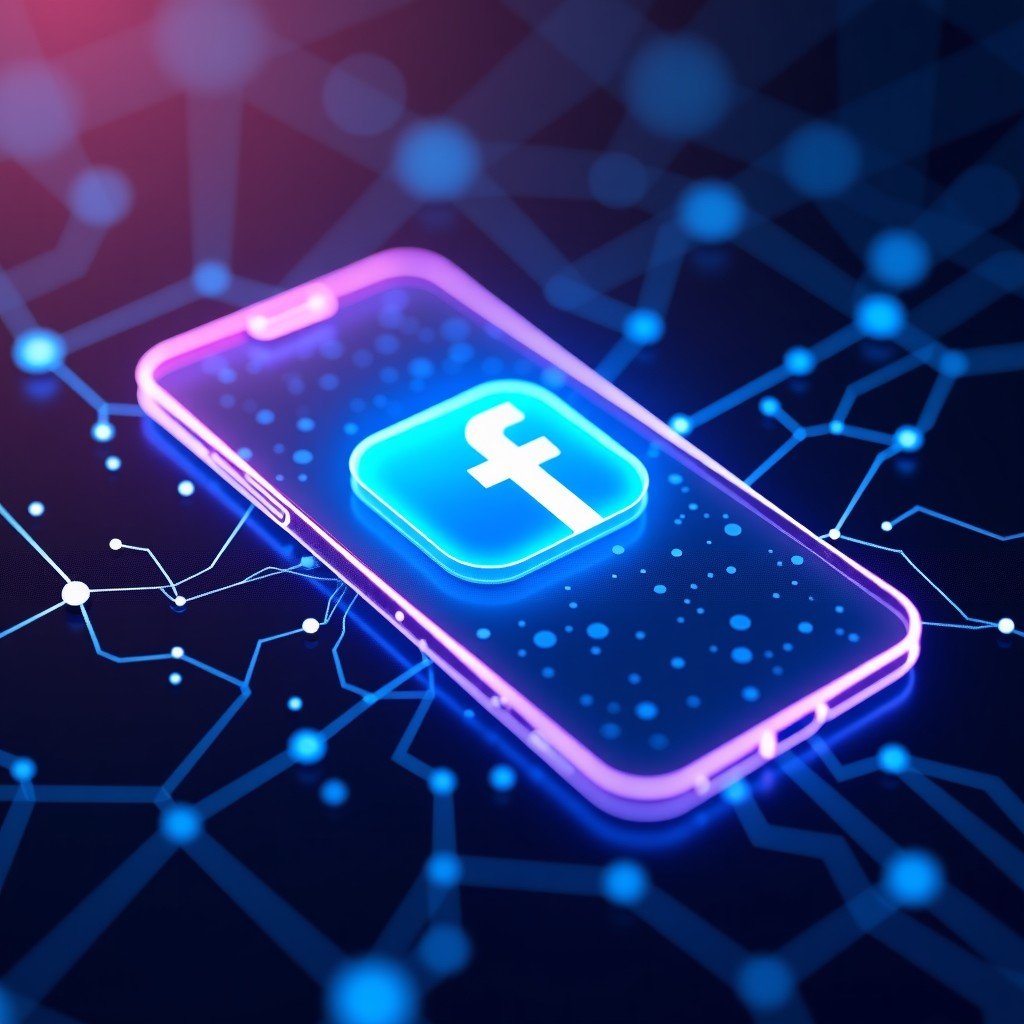 A futuristic digital interface showing a smartphone screen with the Facebook app icon surrounded by glowing AI neural network patterns. High-tech illustration style with vibrant blue and purple neon lighting. The composition is clean and modern. 4:3