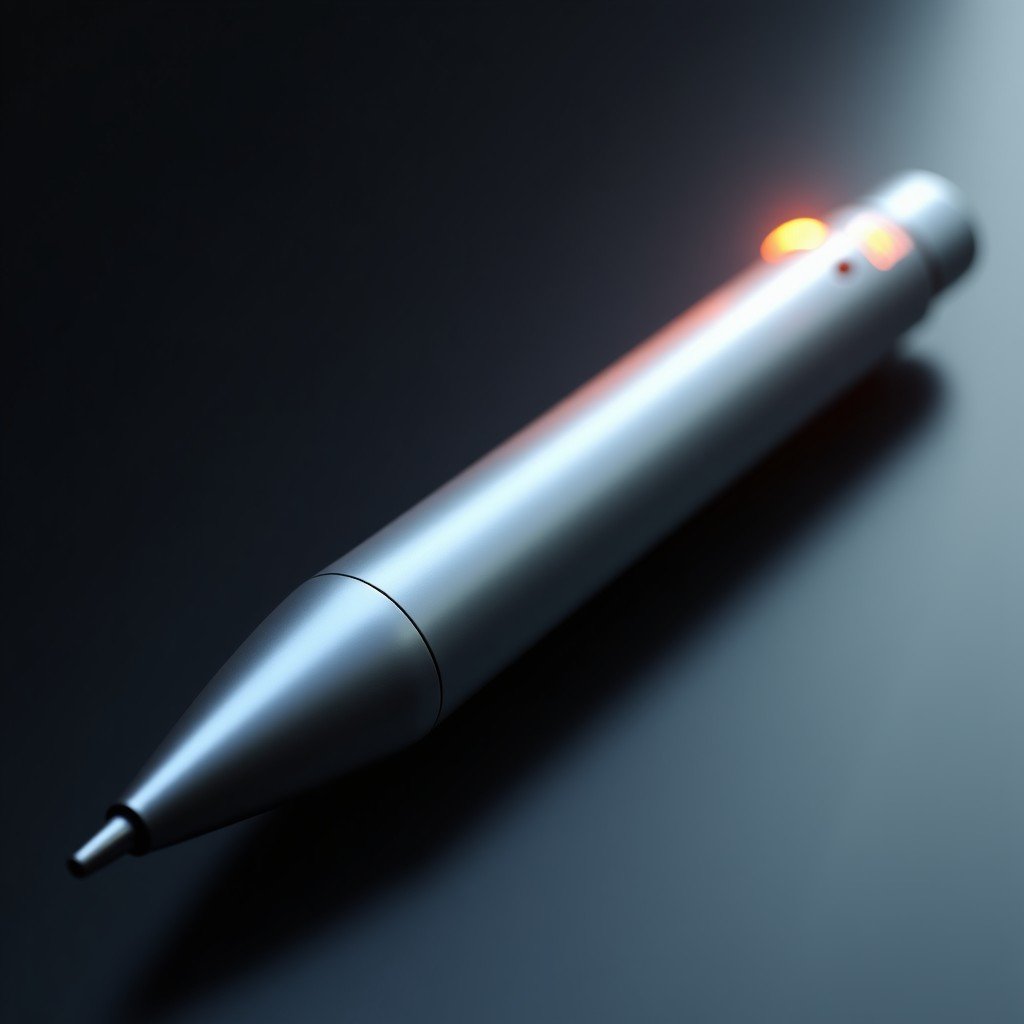 Close up shot of a sleek metallic pen-shaped high-tech gadget, minimalist aesthetic, glowing indicator light, modern studio lighting, 4:3