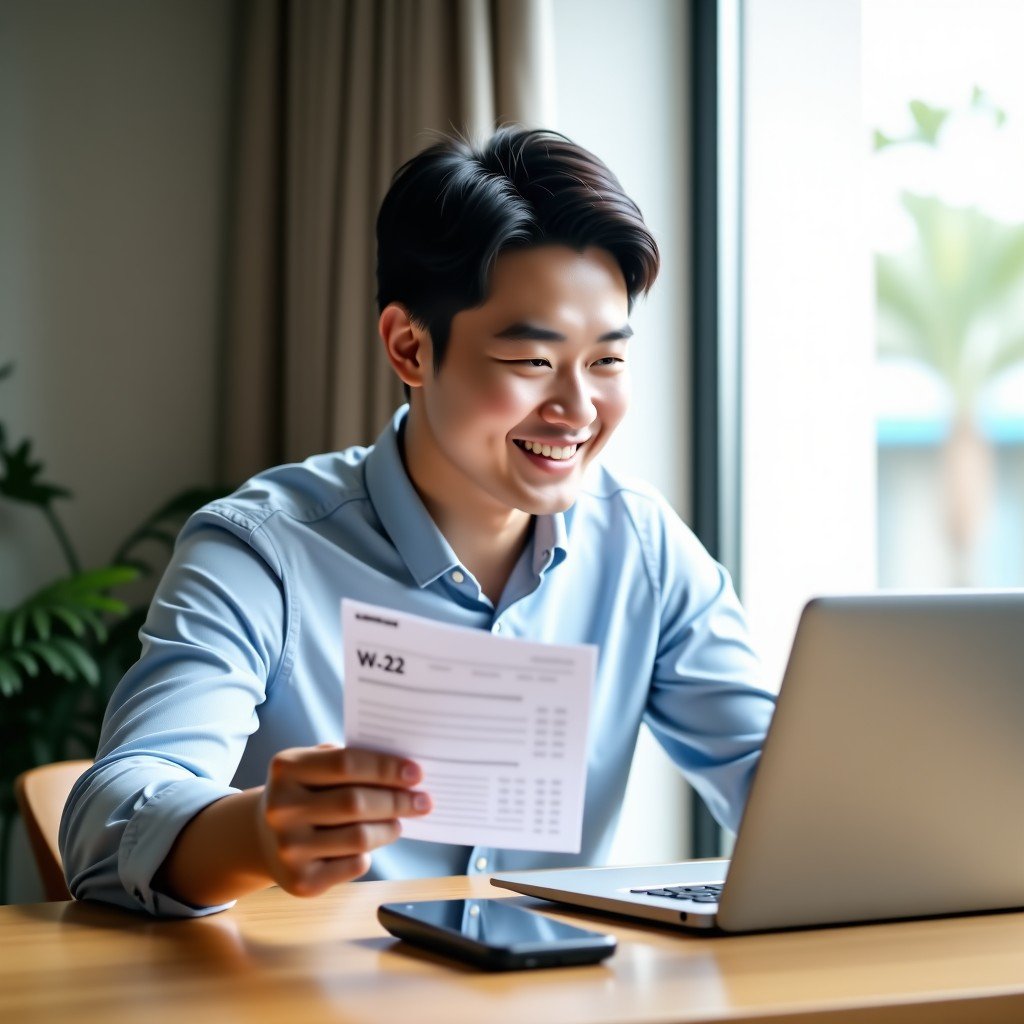 A Korean person sitting at a dining table, smiling while looking at a laptop and holding a paper document like a W-2 form. A smartphone and a calculator are on the table. The atmosphere is relaxed and organized. 4:3