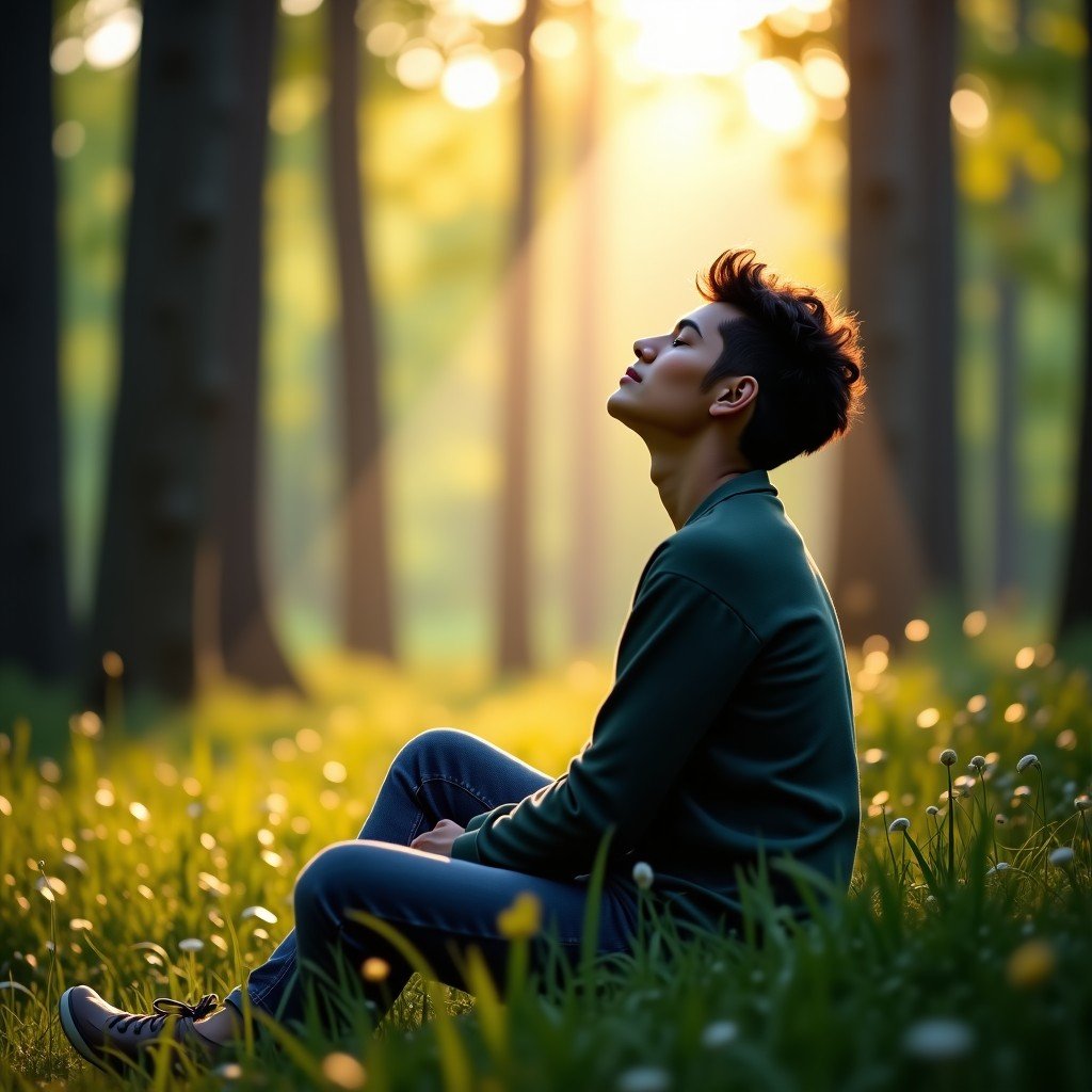 A person sitting in a peaceful forest, eyes closed, enjoying the natural sounds of nature without any headphones, soft natural lighting, serene atmosphere, high quality, 4:3