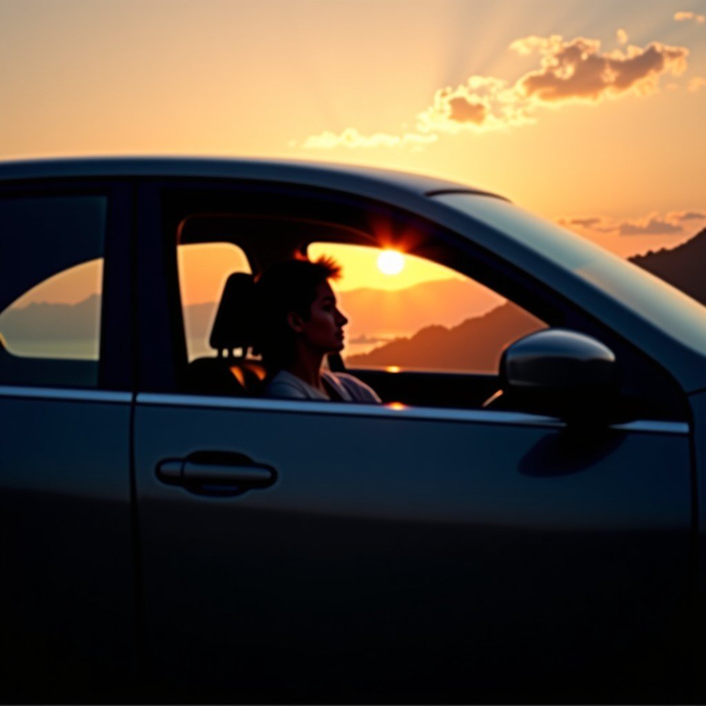 A peaceful scene of a car parked near a scenic overlook during sunset. Through the window, a person is seen relaxing comfortably in the seat while a warm glow emanates from the dashboard. Soft lighting, cinematic composition, 4:3 aspect ratio.