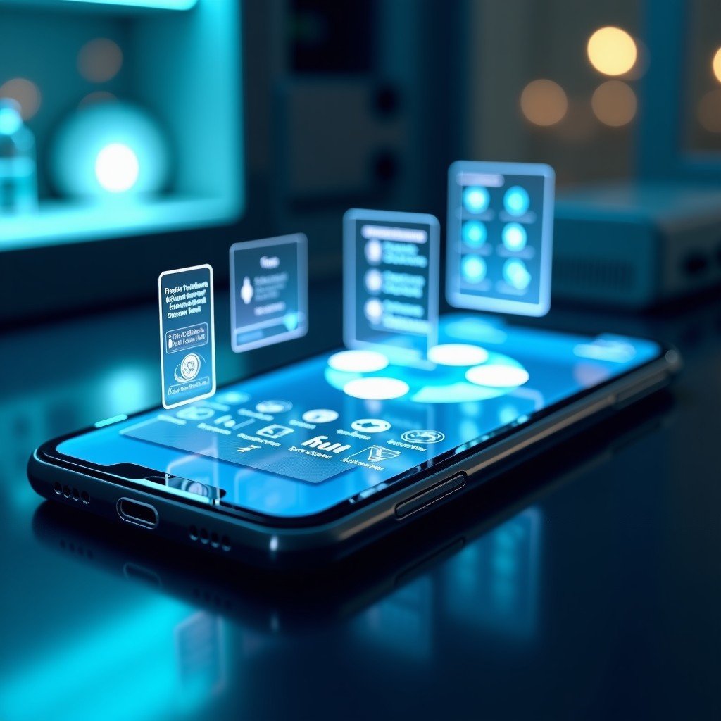 A futuristic foldable smartphone displaying a sophisticated user interface with multiple app windows open, soft glow from the screen, high-tech laboratory background, cinematic lighting, 4:3