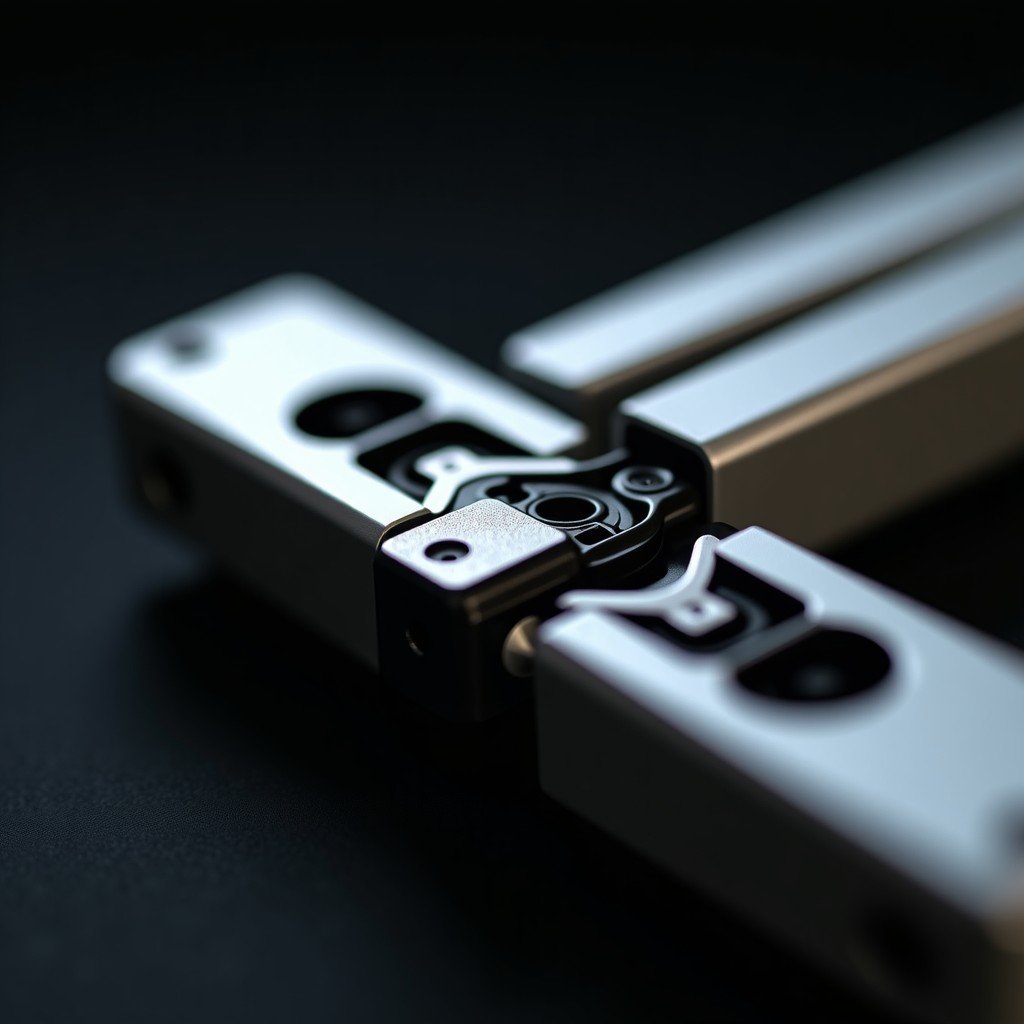 Close up shot of a sophisticated mechanical hinge of a high end foldable device, showing metallic textures and precision engineering, cinematic lighting, dark background. 4:3