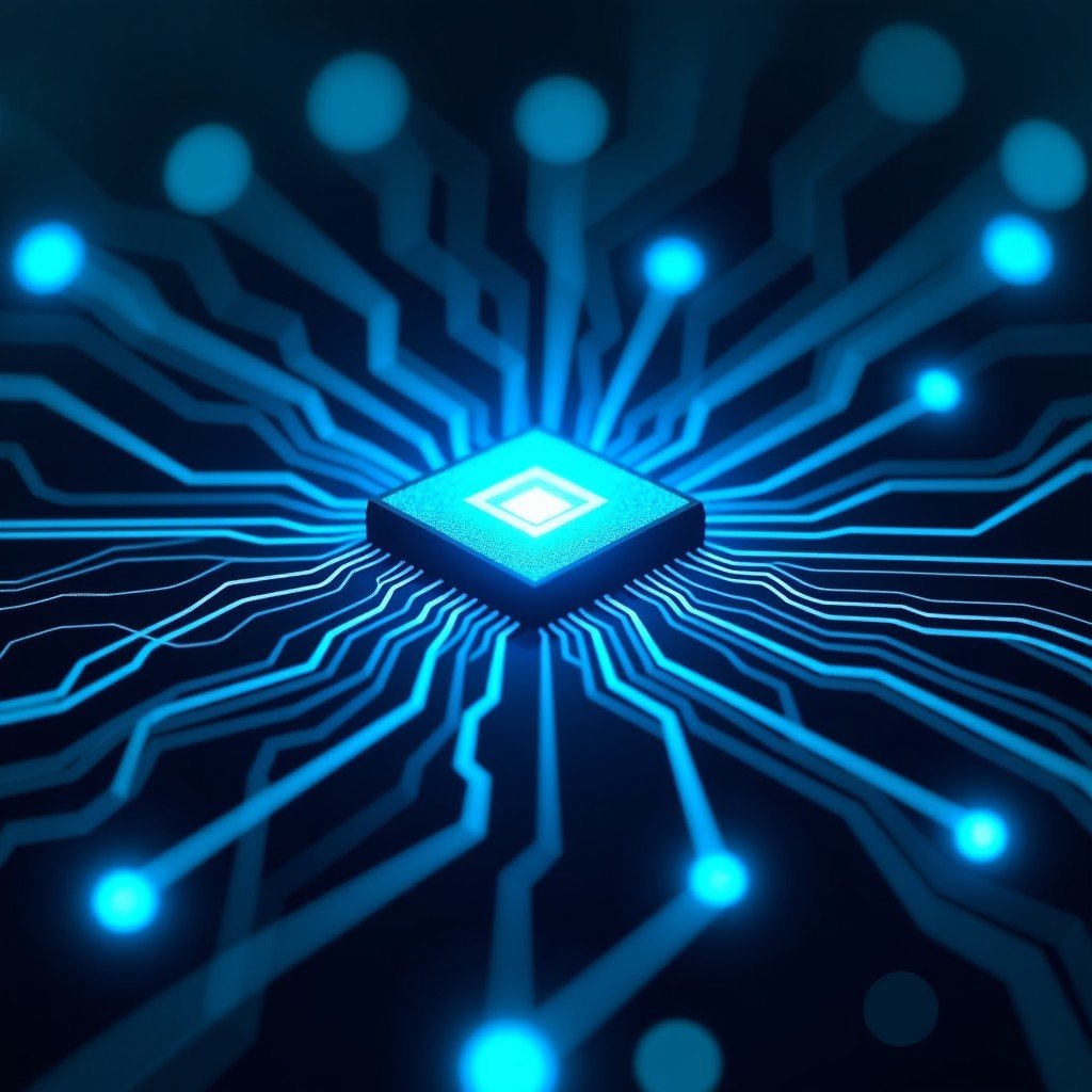 Close-up of a powerful futuristic computer chip glowing with blue neural network lines, high-tech atmosphere, dark background, 4:3