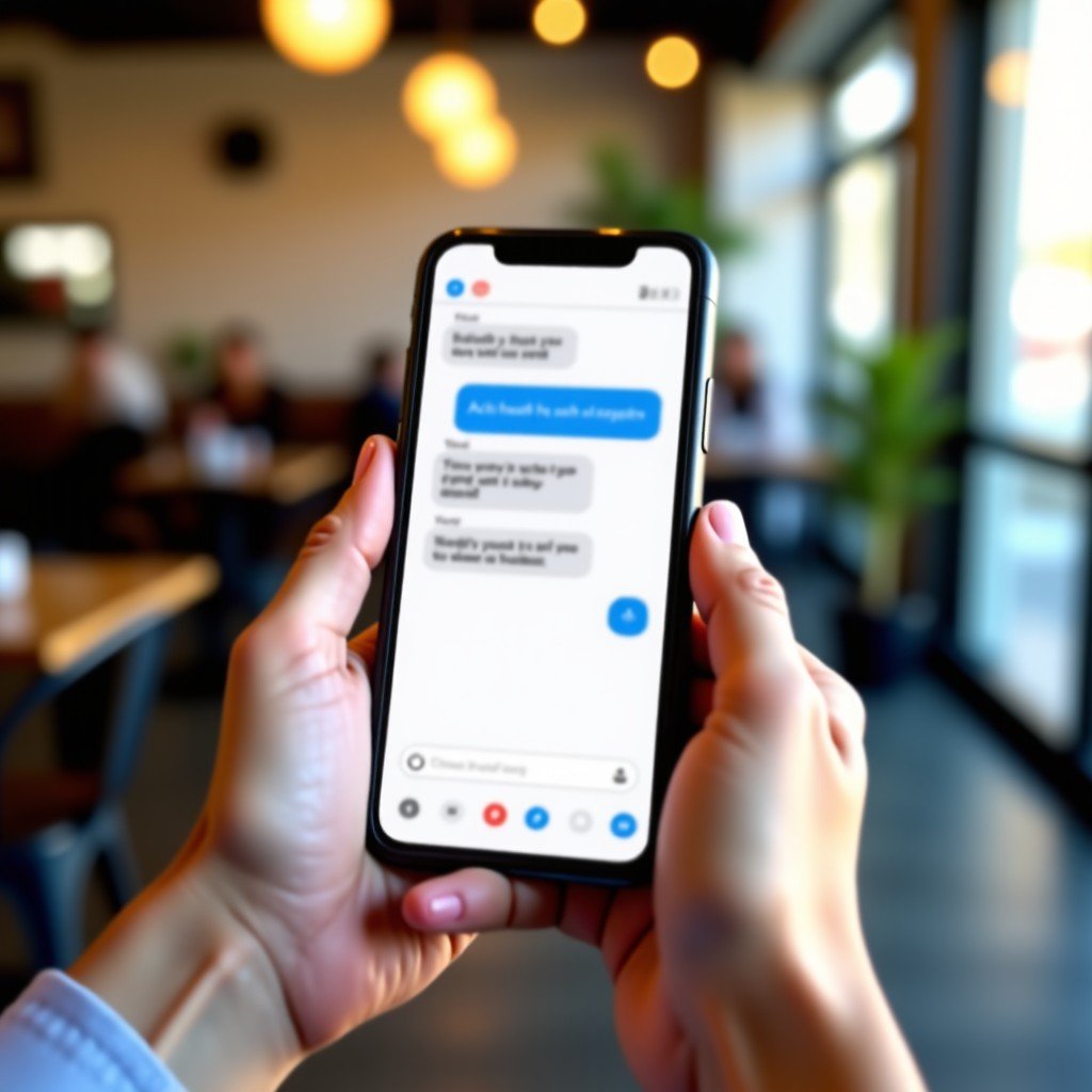 A close up of hands holding a smartphone showing a messaging interface where an AI coach provides health advice. The background is a blurred modern cafe interior with natural lighting. High quality lifestyle photography. 4:3