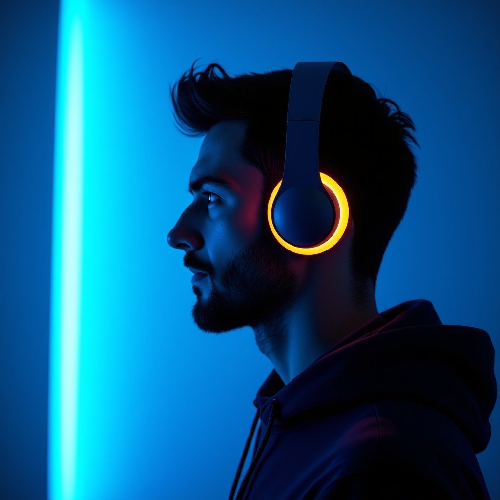 A person wearing high-end headphones in a modern minimalist room, subtle neon light interface floating in front of them suggesting AI interaction, high-quality lifestyle photography, 4:3