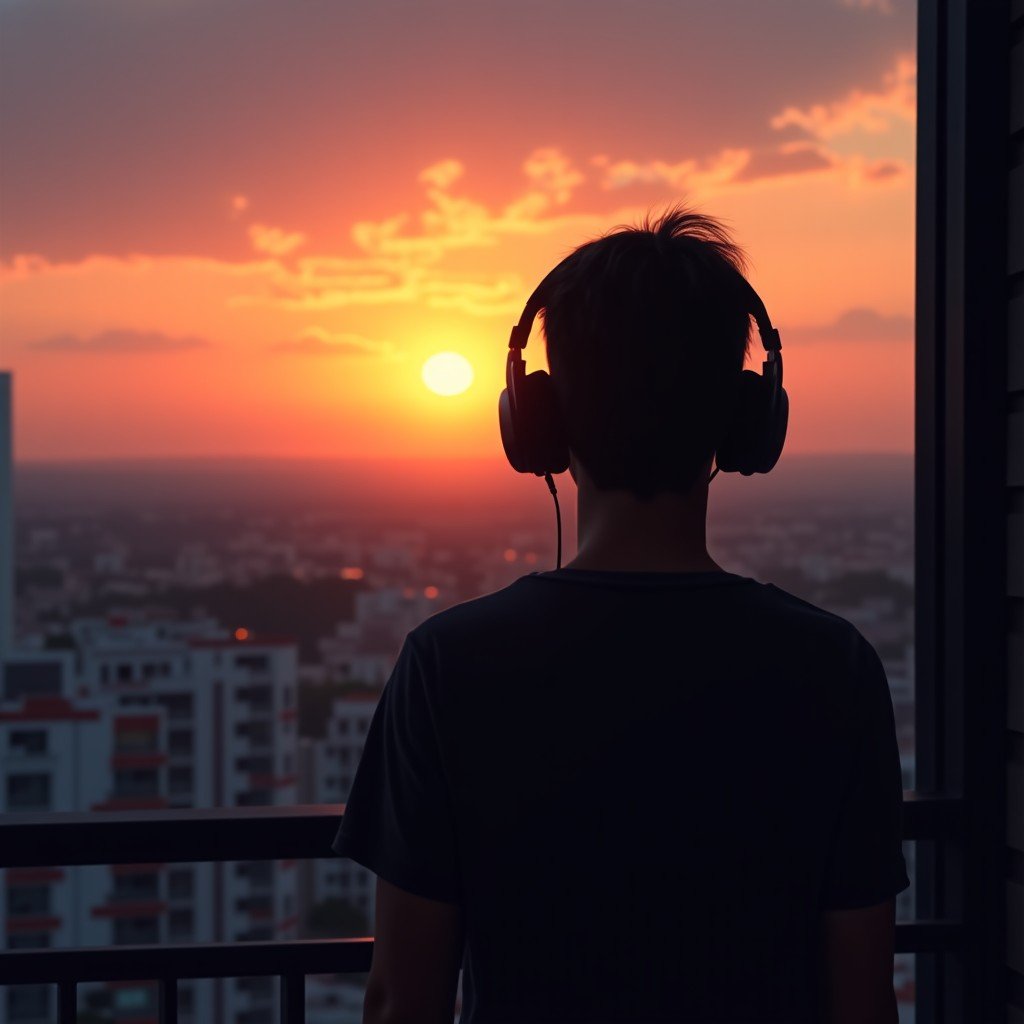 A person wearing high quality over ear headphones looking at a beautiful sunset from a balcony, peaceful expression, cinematic lighting, artistic rendering, 1:1