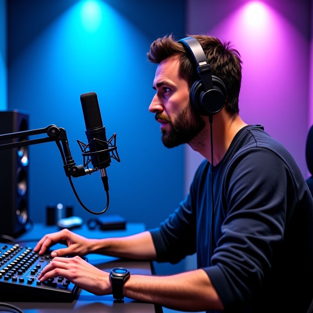 Professional music radio studio with modern recording equipment. A male DJ with headphones is speaking into a high-end microphone. Blue and purple ambient lighting in the background. 4:3