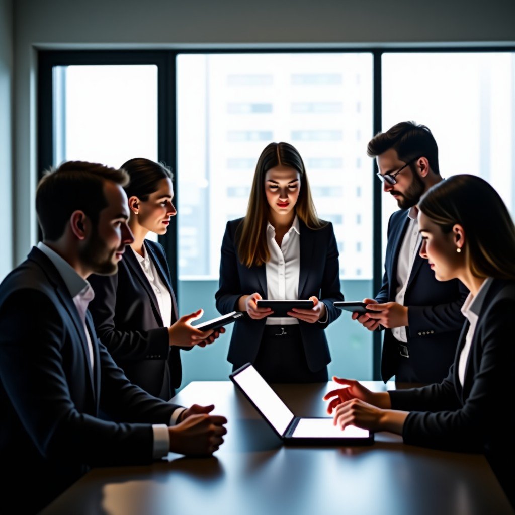 A group of diverse professionals in a sleek modern office discussing strategy over digital tablets, natural daylight, sophisticated atmosphere, high contrast, 4:3