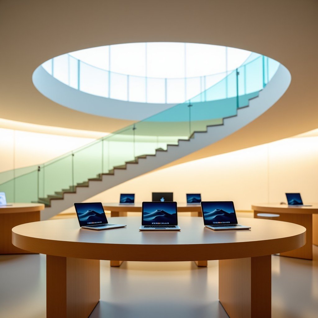 Interior of a modern and minimalist Apple retail store, iconic glass spiral staircase, clean wooden tables displaying sleek laptops and tablets, soft natural light, architectural photography style, 4:3