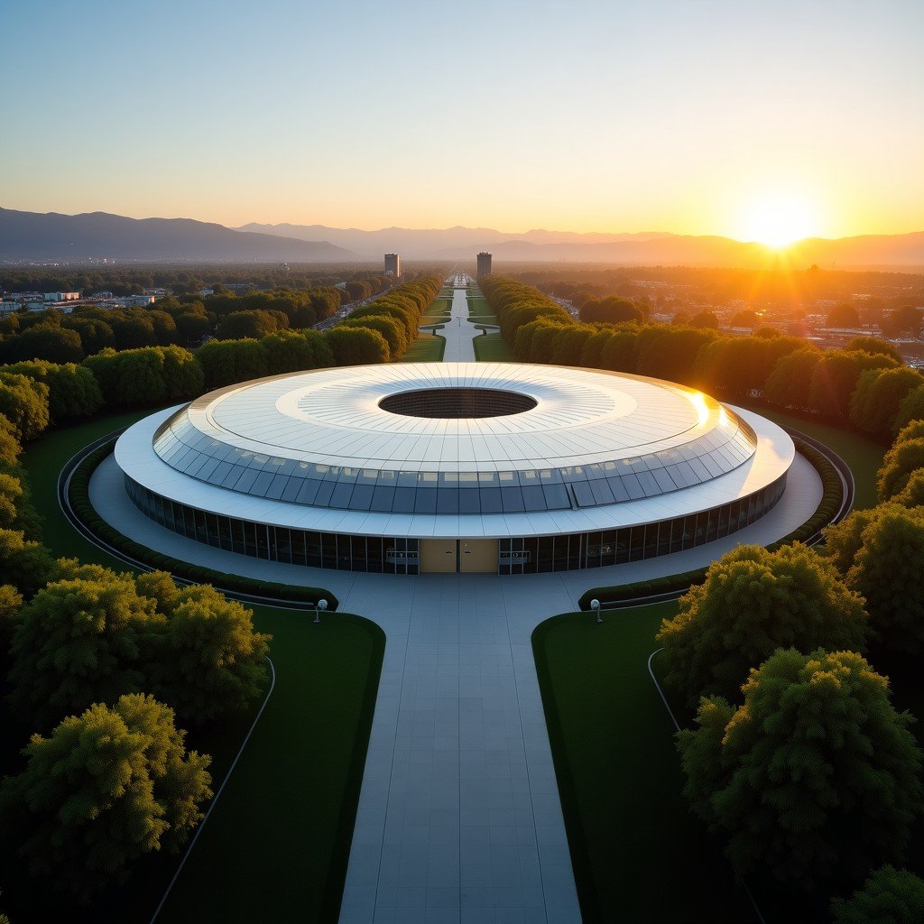 A high-angle realistic exterior shot of the Apple Park ring building in Cupertino during golden hour. The sunlight reflects off the glass facade, surrounded by lush green trees and a clear blue sky. The composition is clean and captures the architectural grandeur of the headquarters. 4:3