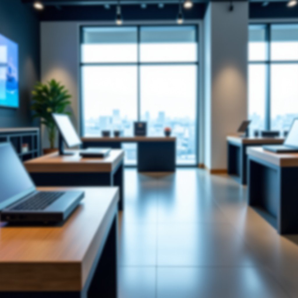 Interior of a modern minimalist tech store with blurred background and focus on sleek gadgets on display tables, bright lighting, 4:3