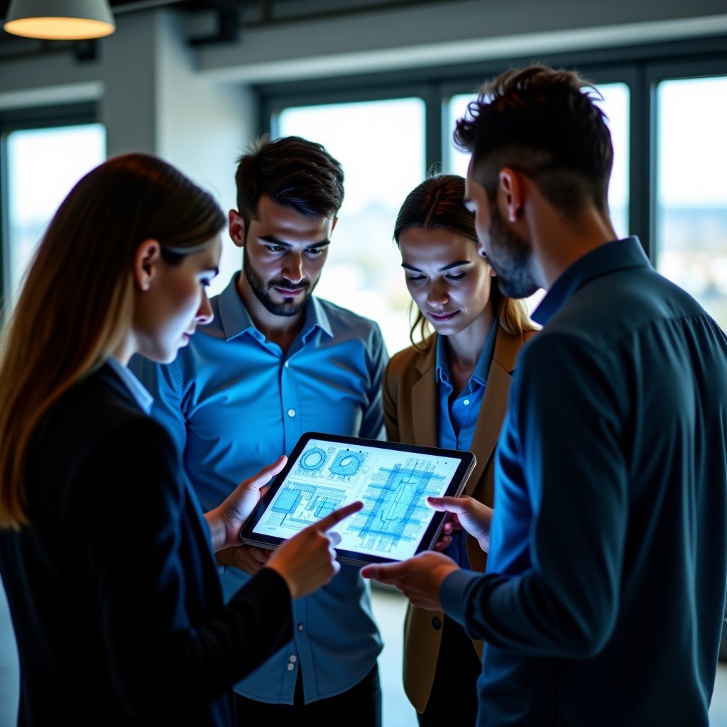 A group of diverse professionals working together in a high-tech office. They are looking at a sleek tablet screen showing abstract digital blueprints. The atmosphere is collaborative and energetic. Natural indoor lighting, 4:3 aspect ratio, no text.