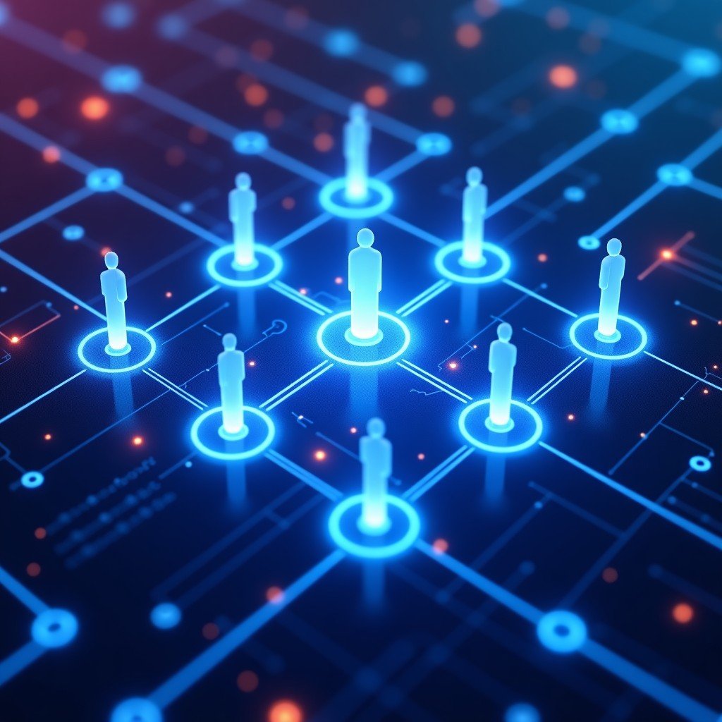 Conceptual illustration of multiple specialized AI agents working together in a glowing digital matrix, representing logistics marketing and design, high-tech abstract style with blue and purple tones, professional composition, 4:3