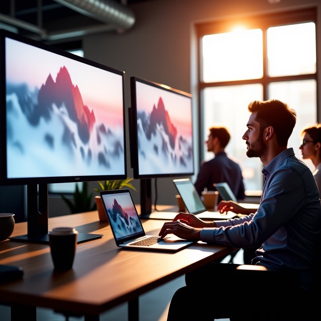 A group of diverse software engineers in a bright, modern office collaborating in front of large screens showing abstract web design layouts. The lighting is warm and natural, creating a productive and positive atmosphere. 1:1