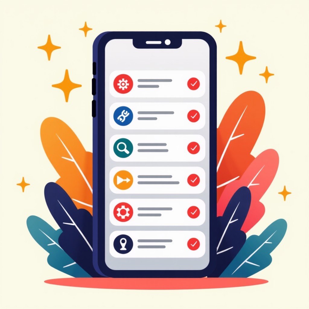 A clean and modern illustration showing a smartphone screen with settings menu icons. Bright colors, friendly design, soft shadows, visually rich background. 1:1