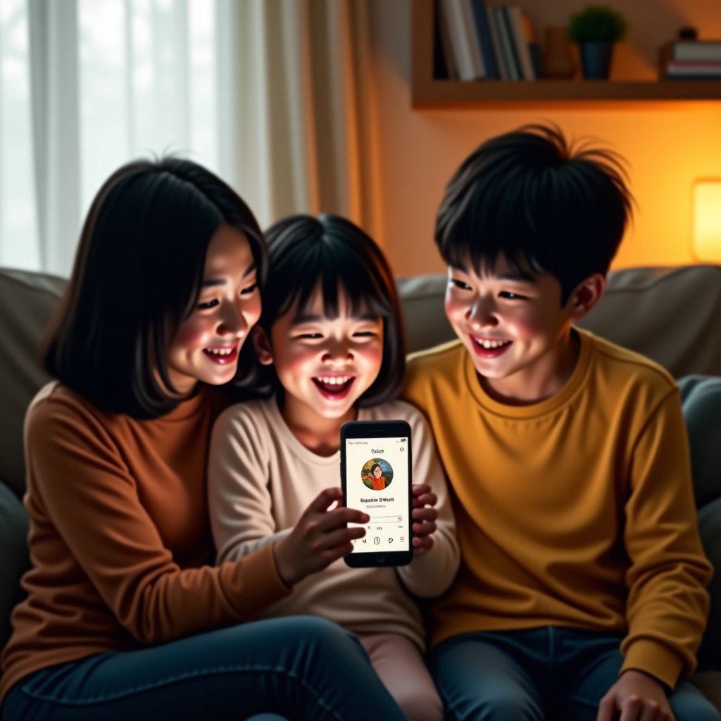 A Korean family in a cozy living room, looking at a small square smart display showing music lyrics with album art. They are smiling and singing along. Warm indoor lighting, realistic lifestyle photography, high quality. 4:3