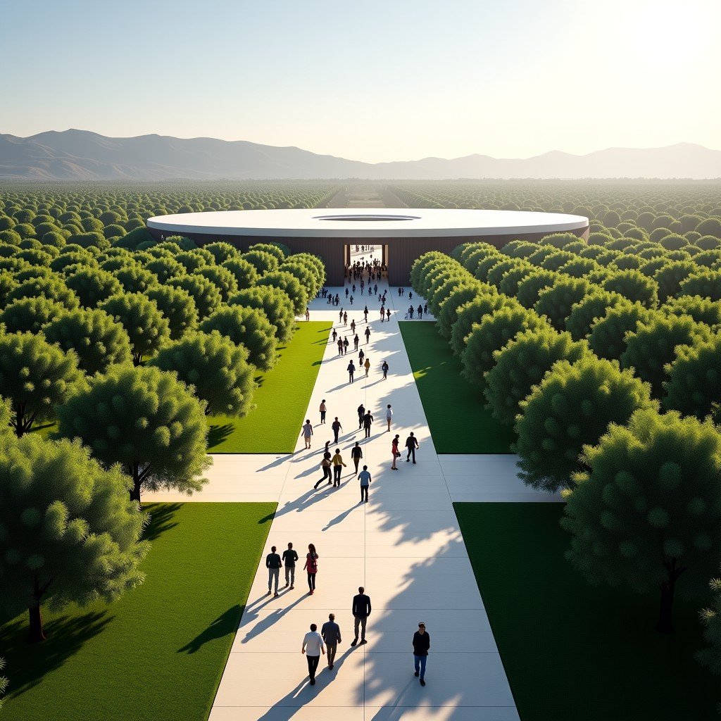 A panoramic view of the Apple Park campus with lush greenery and people walking around in a vibrant and celebratory atmosphere, soft sunlight, high contrast, clean architecture, realistic, 4:3