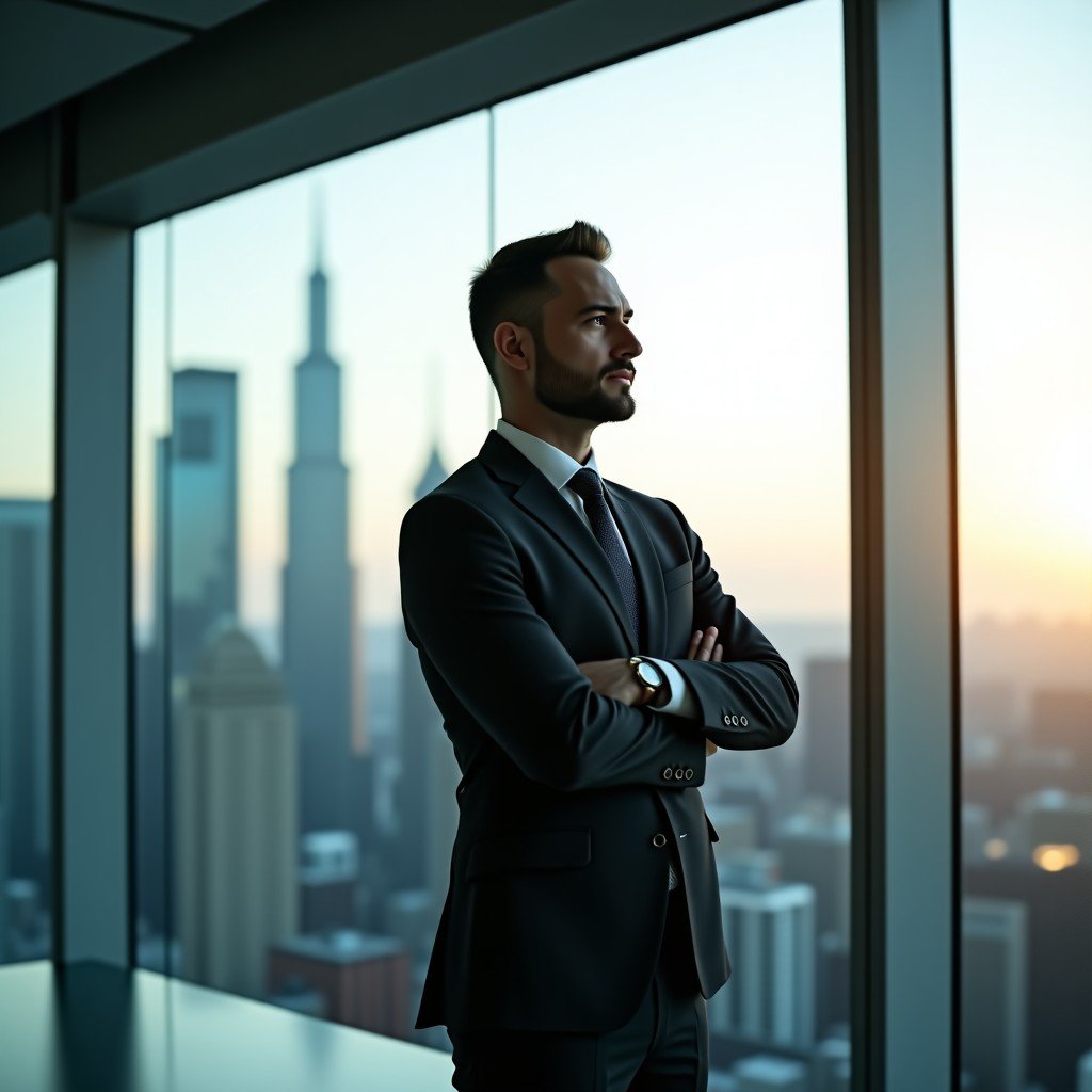 A realistic lifestyle photography of a tech executive looking thoughtful in a sleek modern glass walled conference room with city skyscrapers in the background natural sunlight 4:3