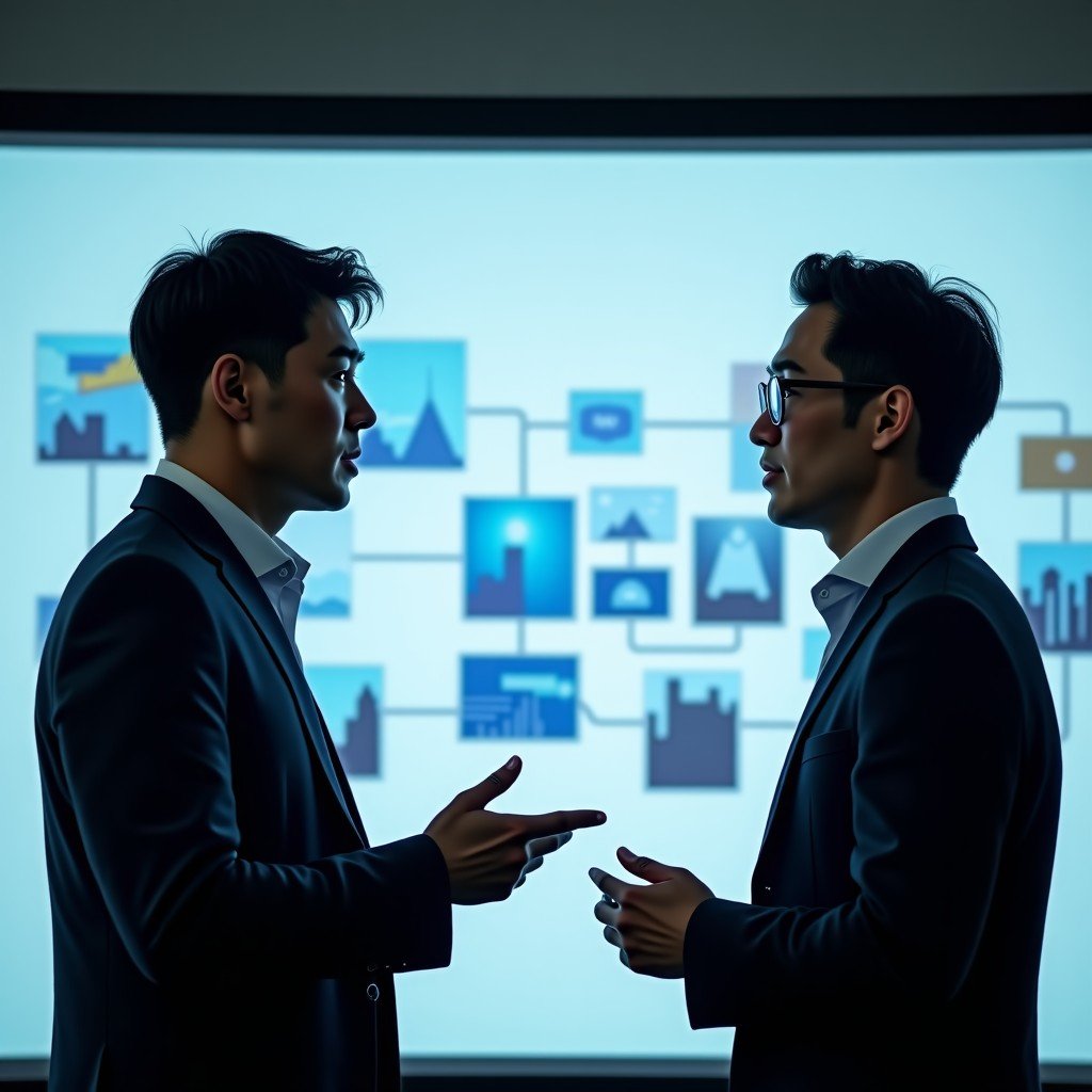 Two professional tech executives in a modern office discussion with digital glass screens displaying AI architecture diagrams, Korean male and diverse backgrounds, natural soft lighting, realistic photography style, 4:3