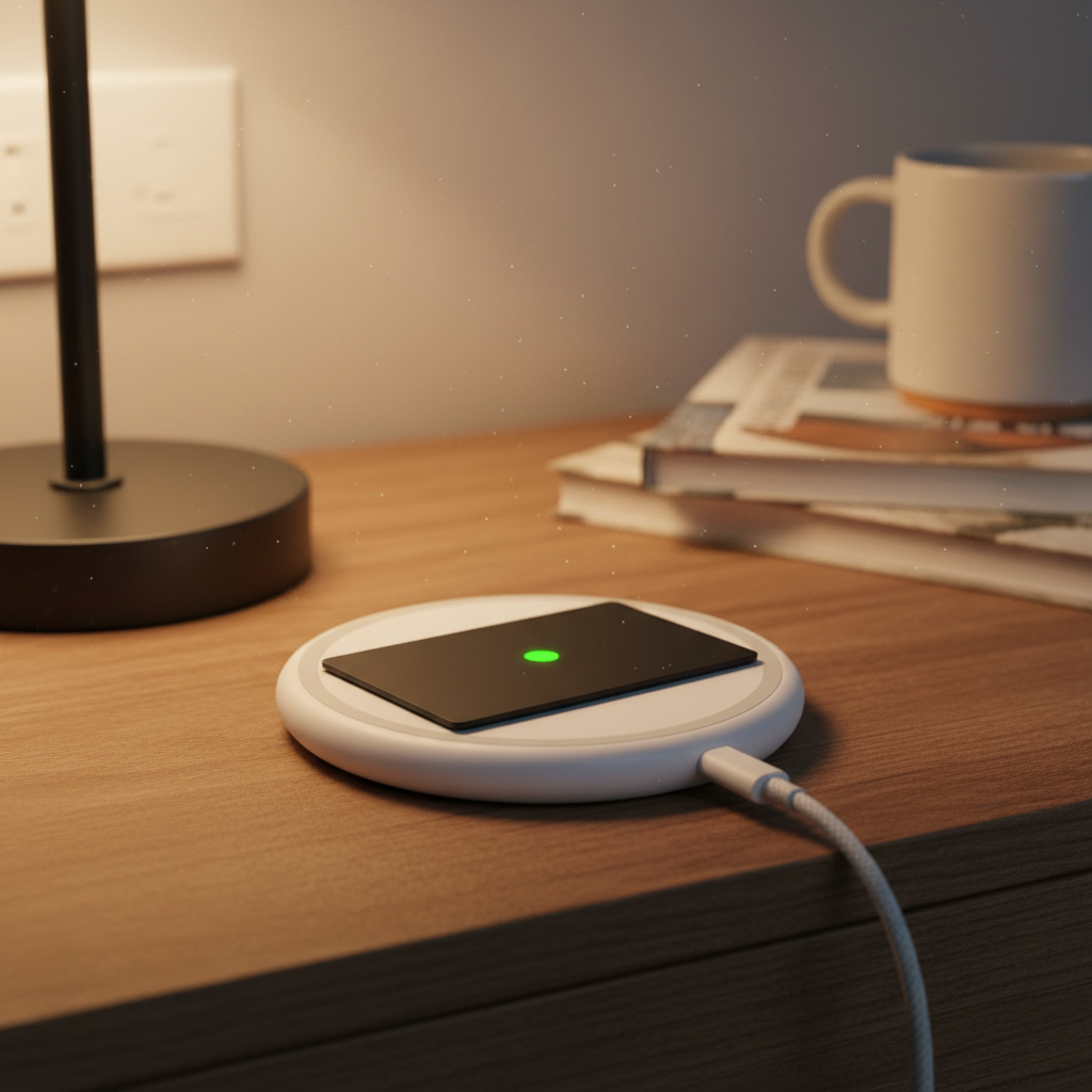 맥세이프 충전기 위에서 충전 중인 스마트카드