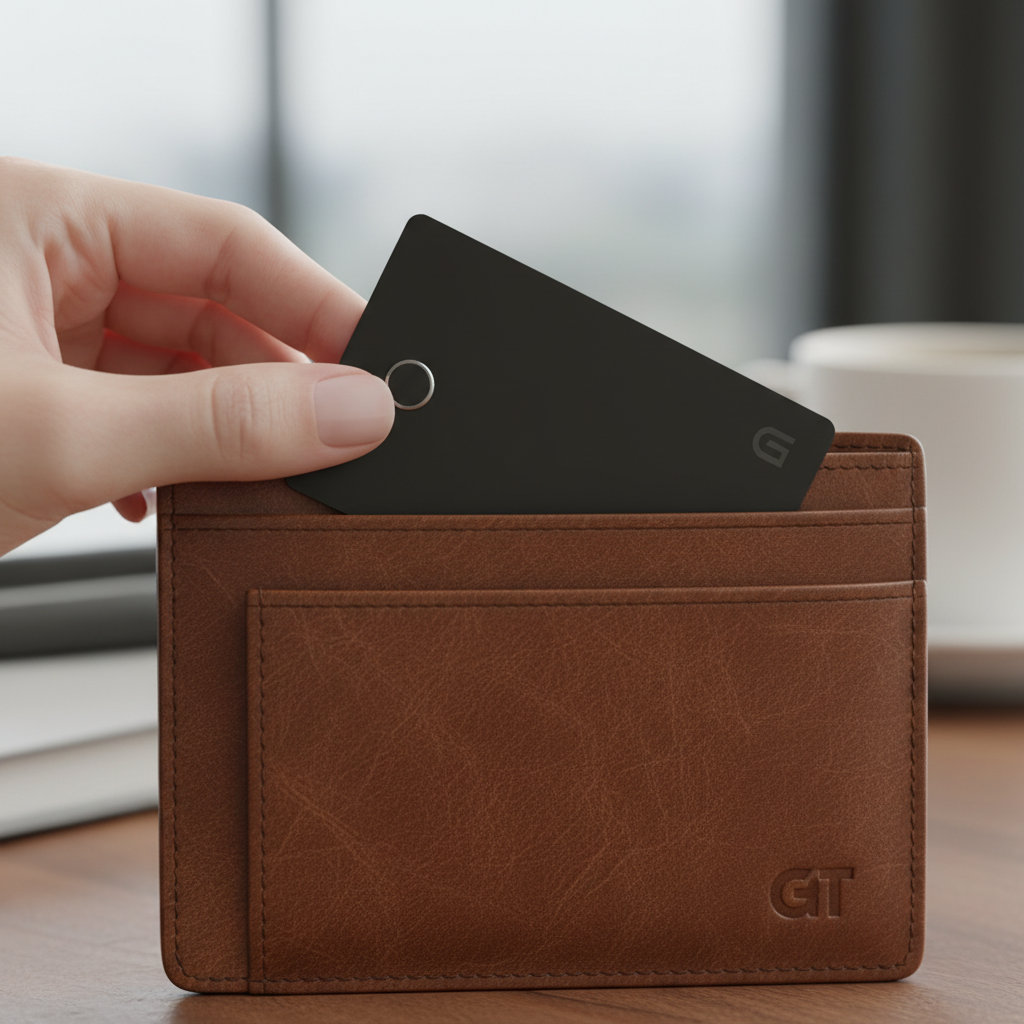 가죽 지갑 카드 슬롯에 삽입된 스마트카드