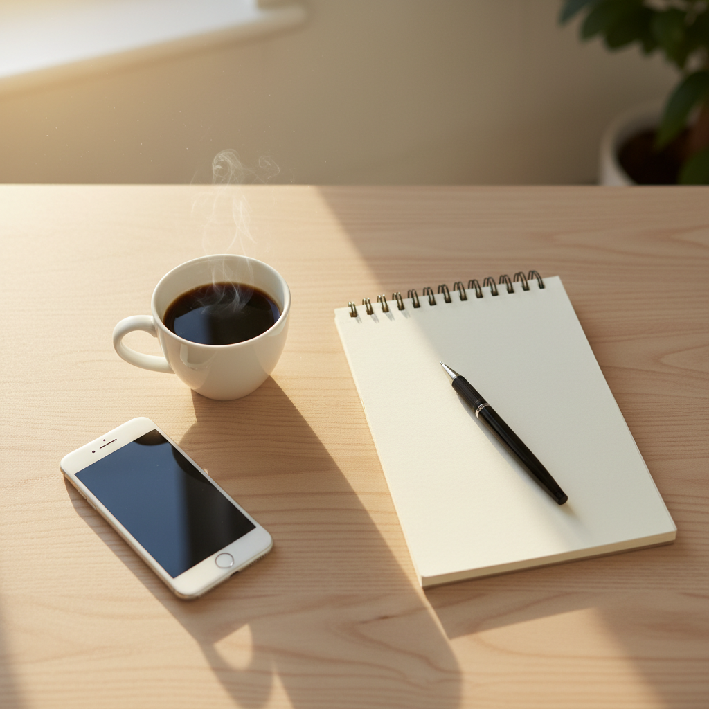 깔끔하게 정리된 책상 위의 아이폰