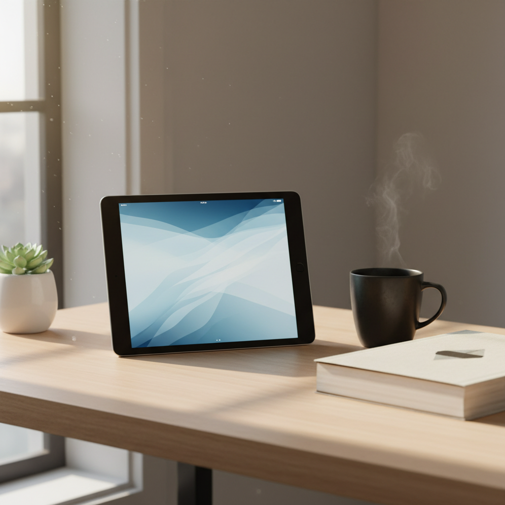 세련된 데스크 환경에 놓인 최신 태블릿