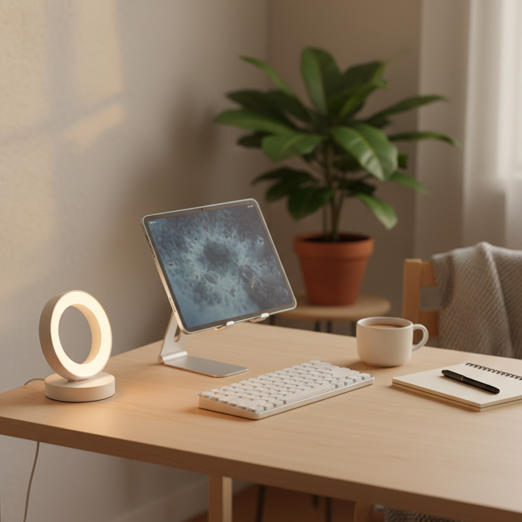 깔끔하게 정리된 아이패드 데스크 셋업