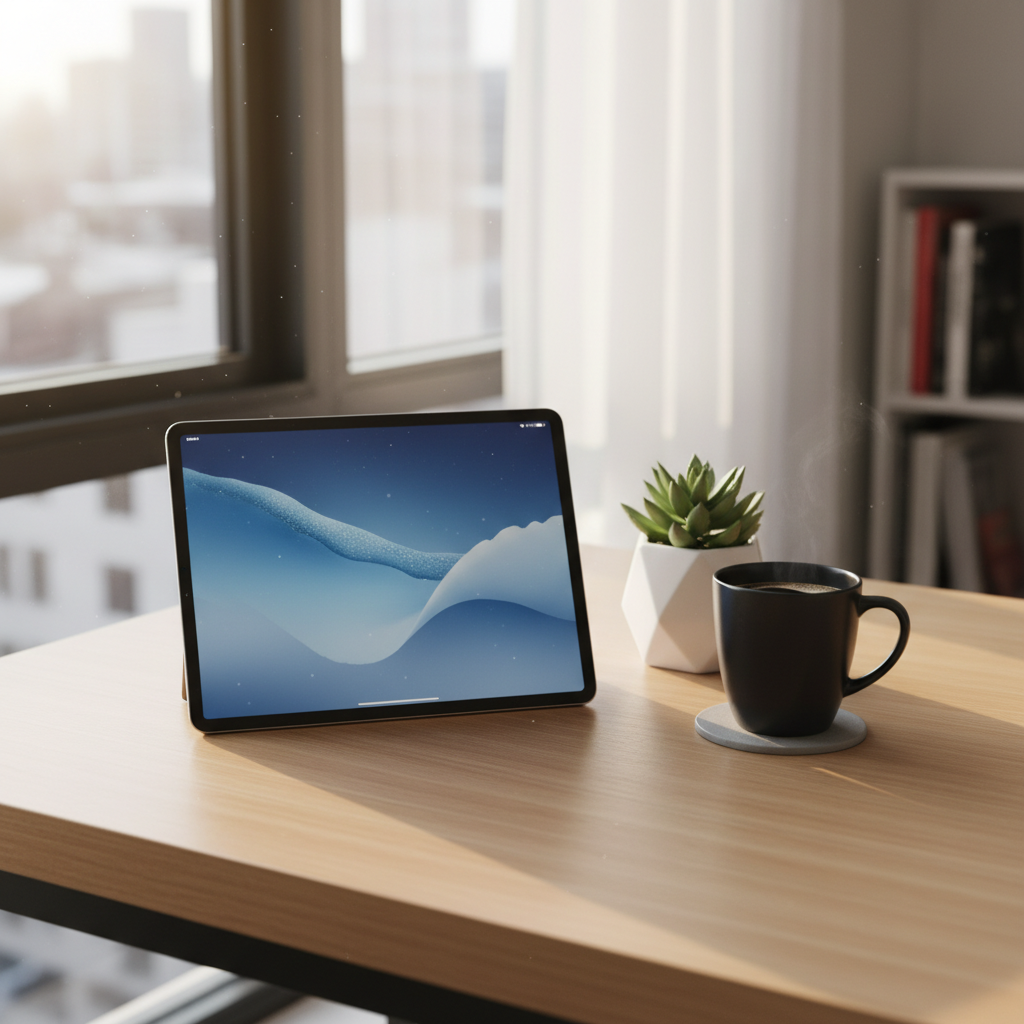 미니멀한 데스크 테리어 환경에 놓인 새로운 아이패드 에어