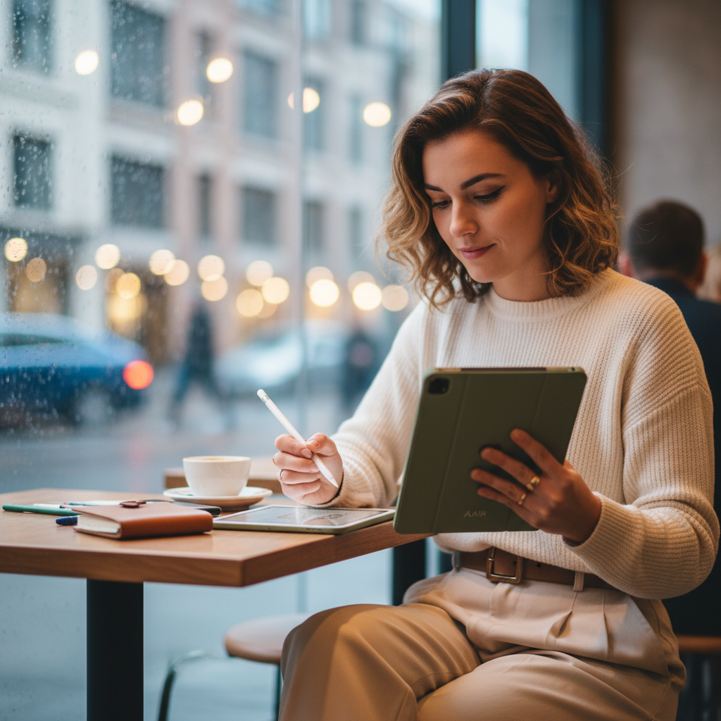카페에서 아이패드로 창의적인 작업을 하는 사용자