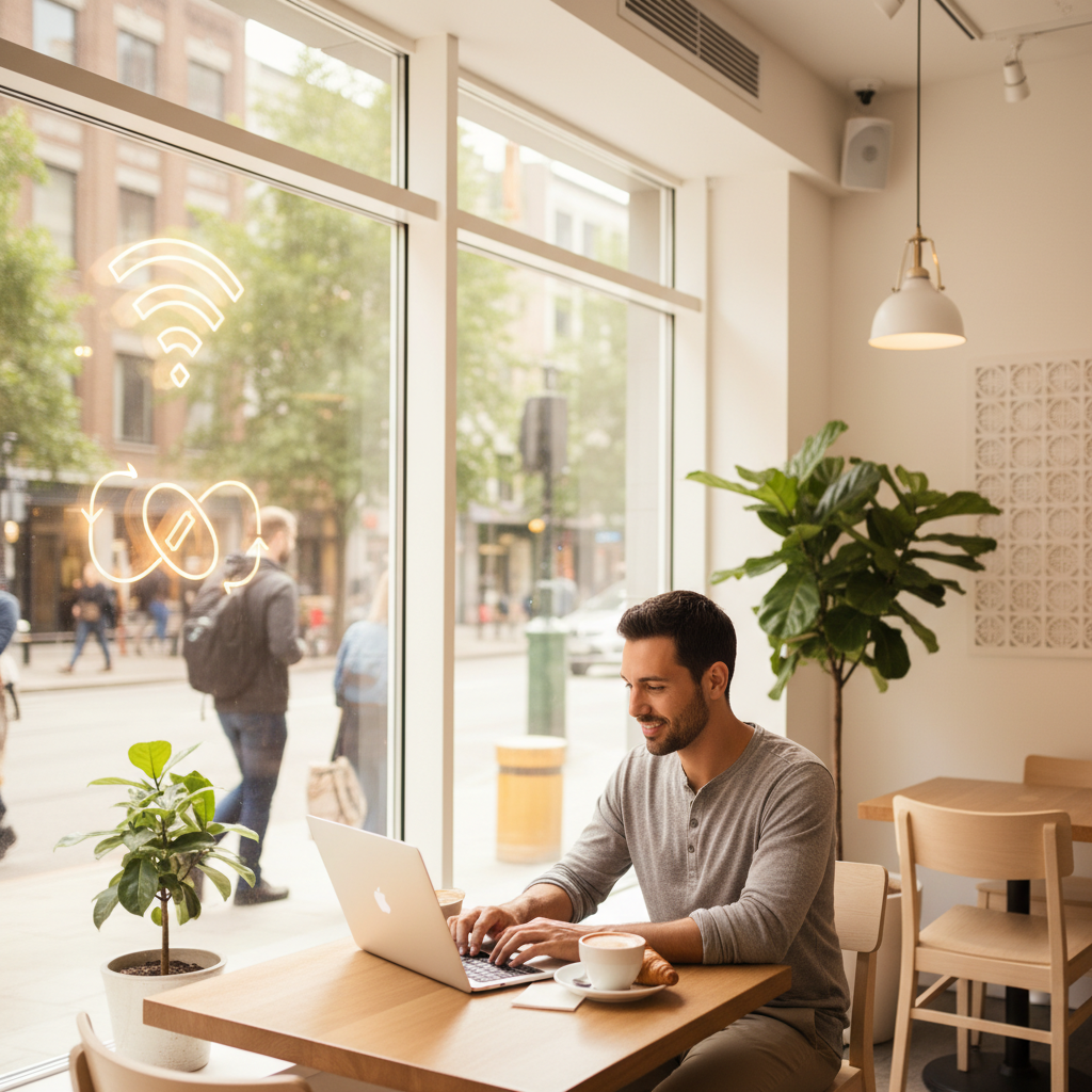 빠른 무선 연결을 상징하는 현대적인 카페 업무 환경
