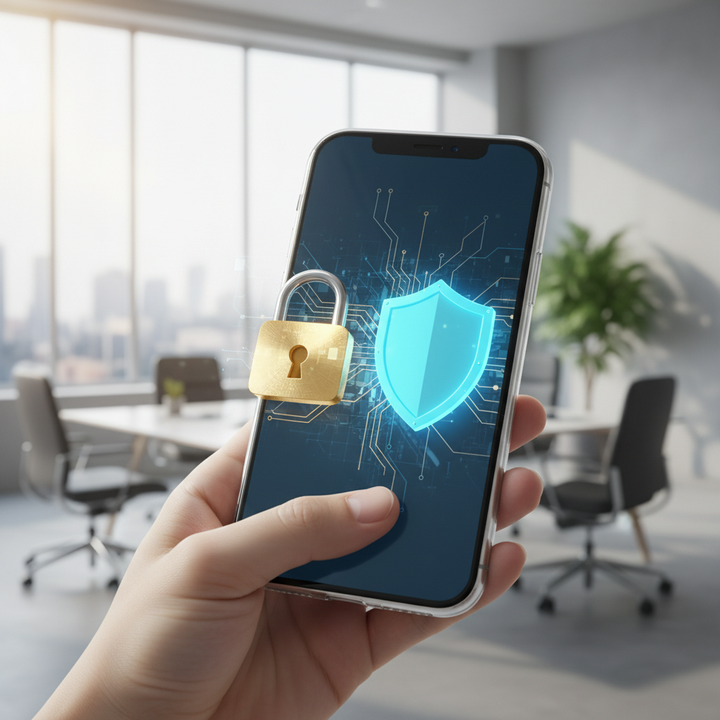 안전하게 잠긴 스마트폰과 방패 아이콘