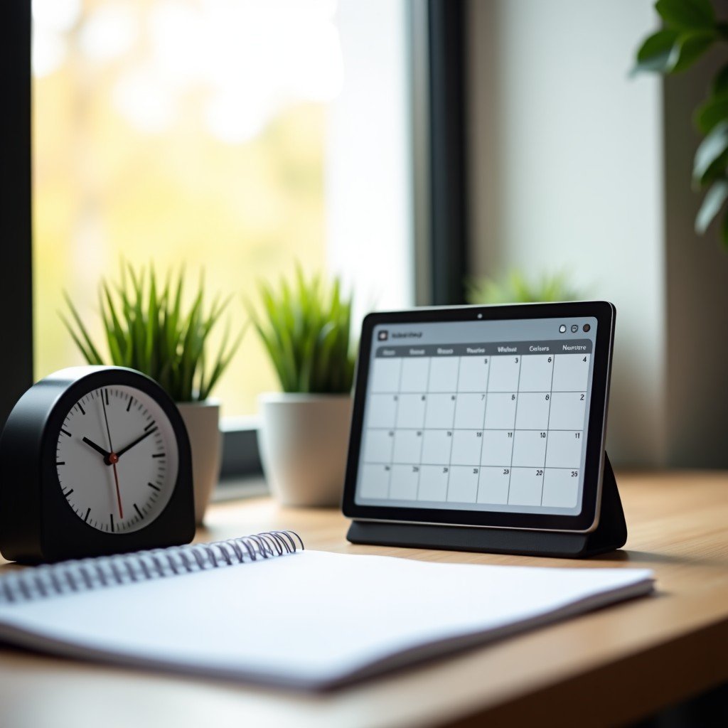A minimalist desk setup with a high-end analog clock and a digital calendar highlighting a recurring two-week schedule. Soft natural sunlight from a window. High-quality photography. 4:3
