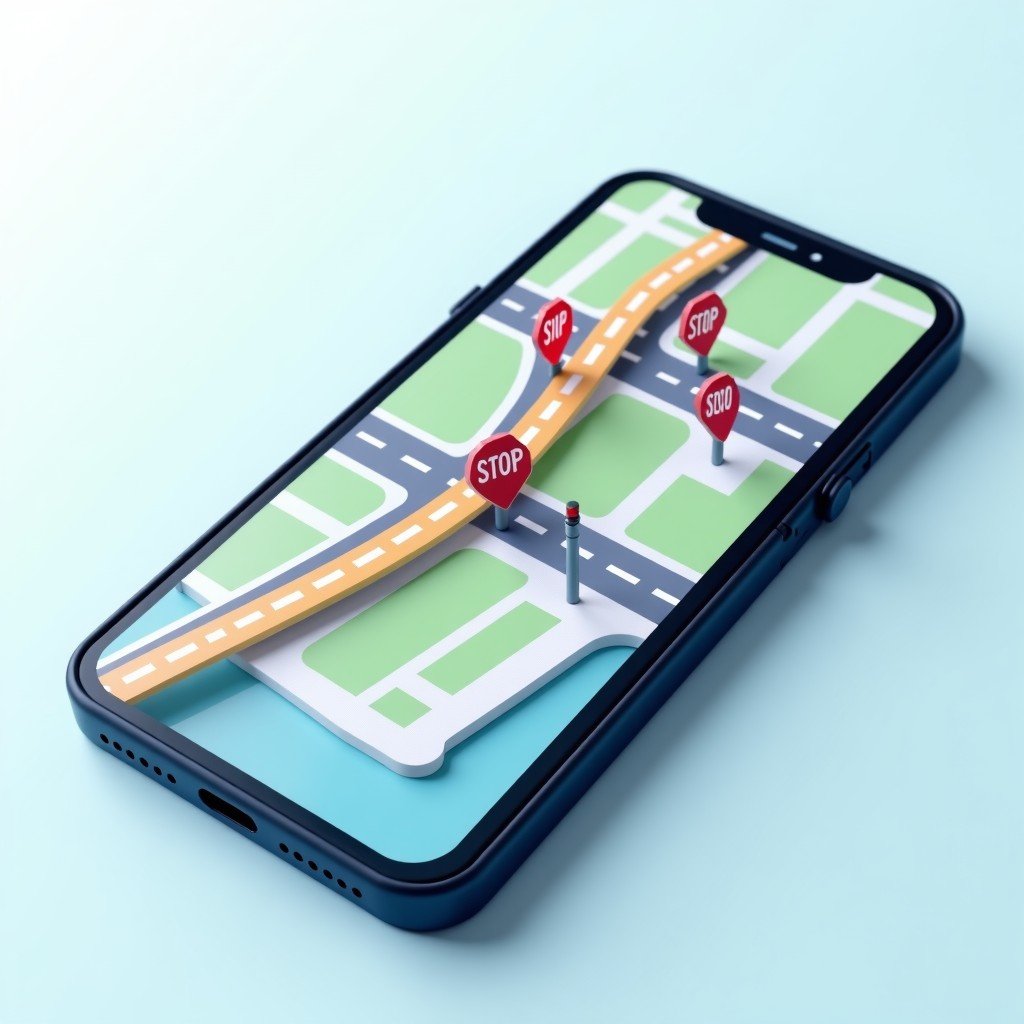 A detailed view of a digital 3D map on a smartphone showing urban road navigation with lane guidance, stop signs, and traffic lights, clean modern aesthetic, 4:3 aspect ratio