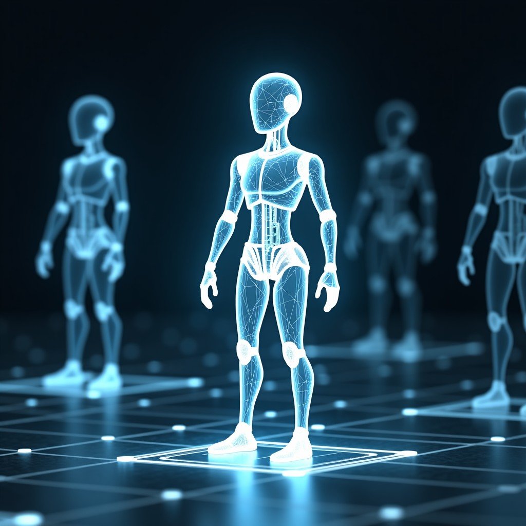 Futuristic training process of a 3D AI model with wireframe overlays and soft lighting, professional research lab environment, 4:3