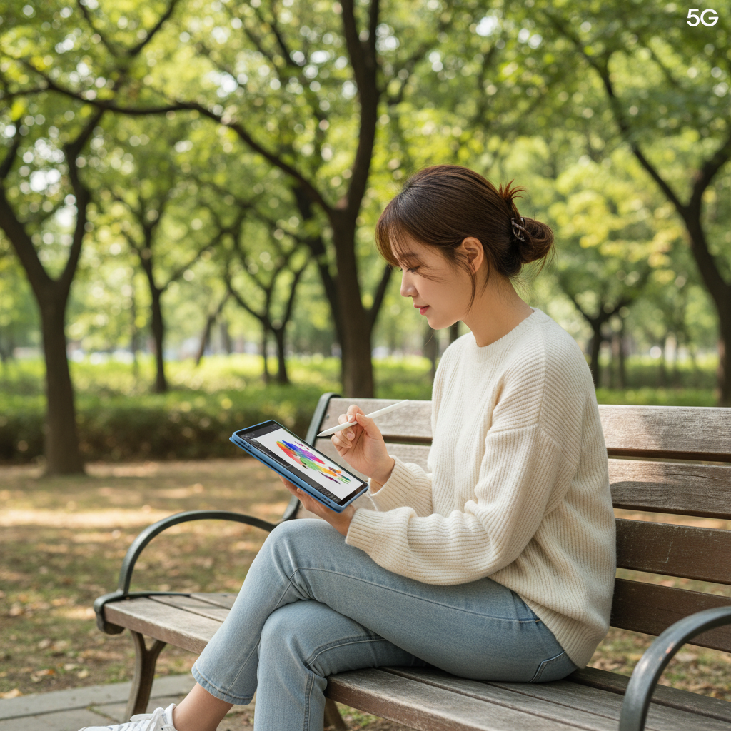 공원 벤치에서 5G를 이용해 작업하는 모습