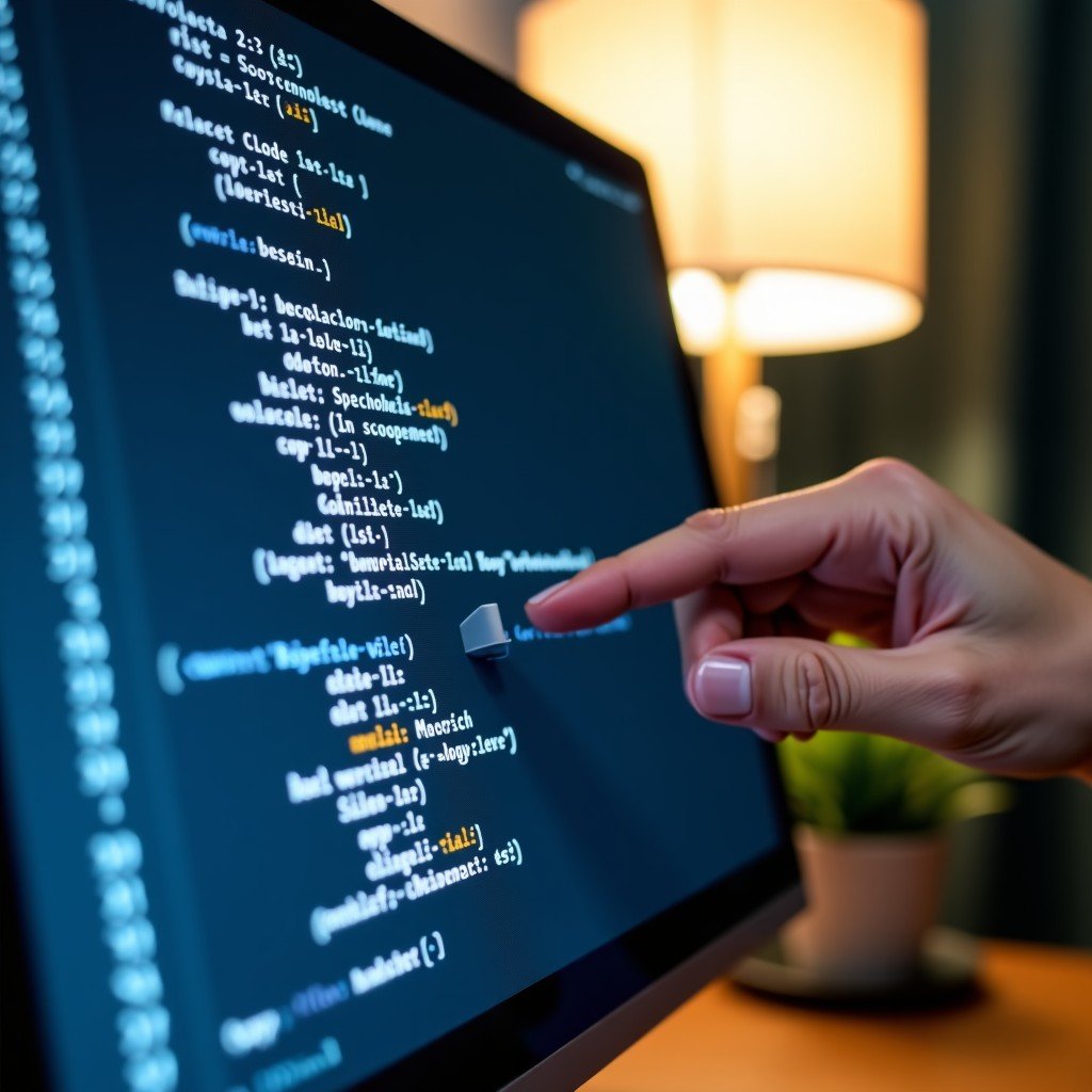 A close-up of a computer screen displaying a clean code block filled with personalized data tags. A hand is about to click a copy button. Soft desk lighting, productivity vibe, natural setting. 4:3