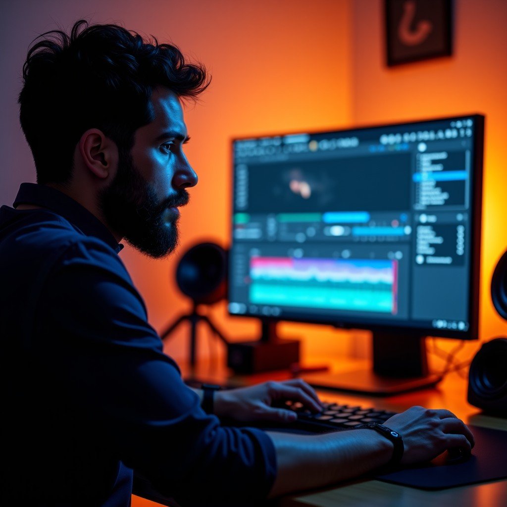 A professional film editor working on a high-tech computer monitor, focused expression, cinematic workspace with warm studio lighting, 4:3 ratio.