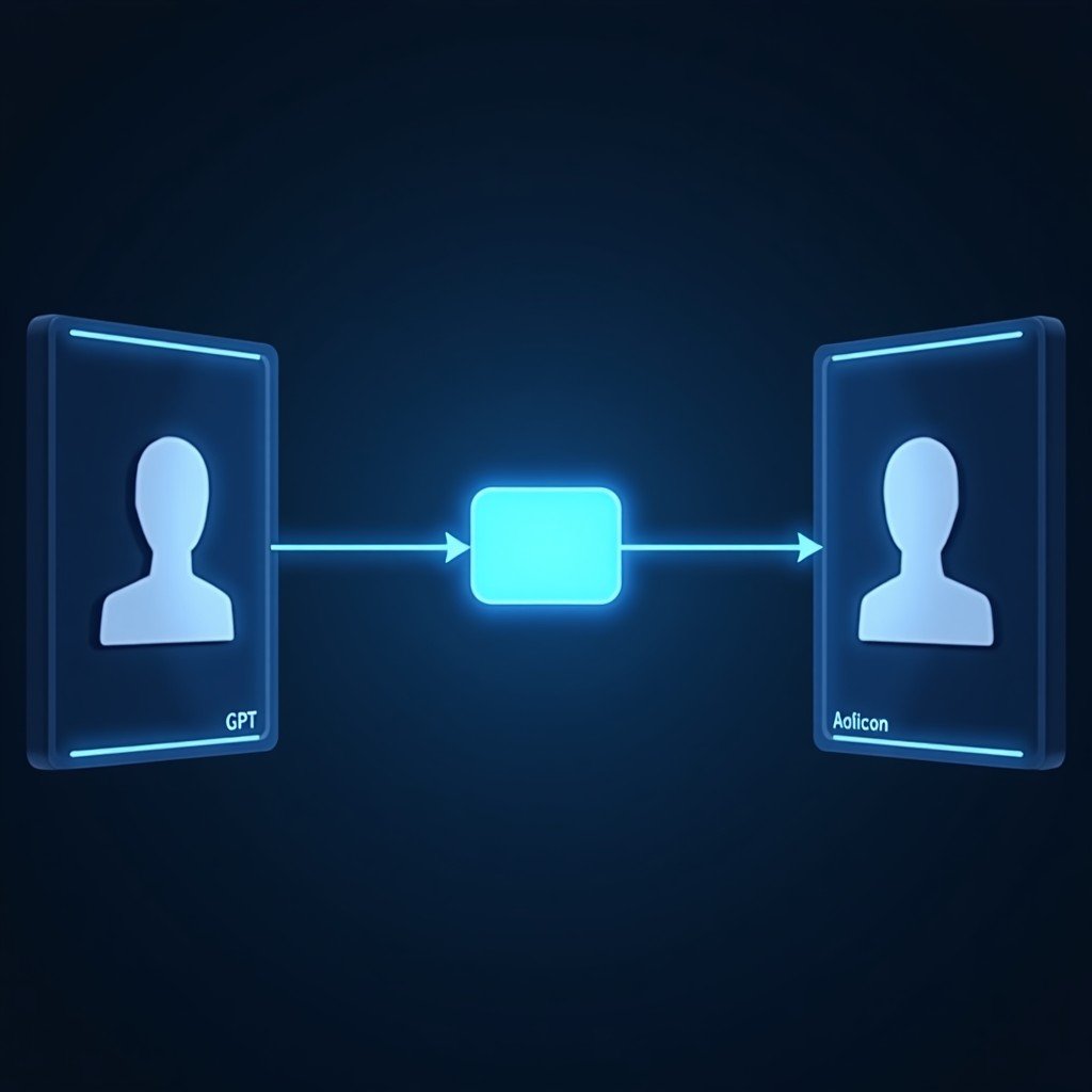 A high-tech digital interface showing a seamless data transfer between two AI profiles. One side has a ChatGPT-style icon and the other has a Claude-style icon with a glowing memory block moving between them. Modern, clean, professional software aesthetic. 16:9