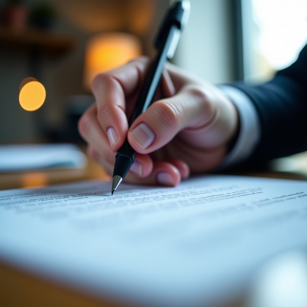 Close-up of a sleek modern document letter being signed, cinematic bokeh background, soft office light, focused on professional atmosphere, 4:3 aspect ratio.
