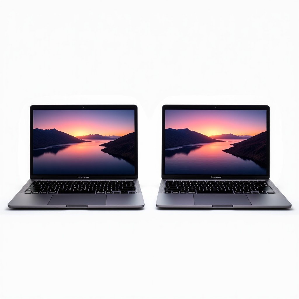 A comparison side by side of two laptop screens, one showing greyish blacks of LCD and the other showing perfect deep blacks of OLED, colorful landscape wallpaper, high contrast, no text, 4:3