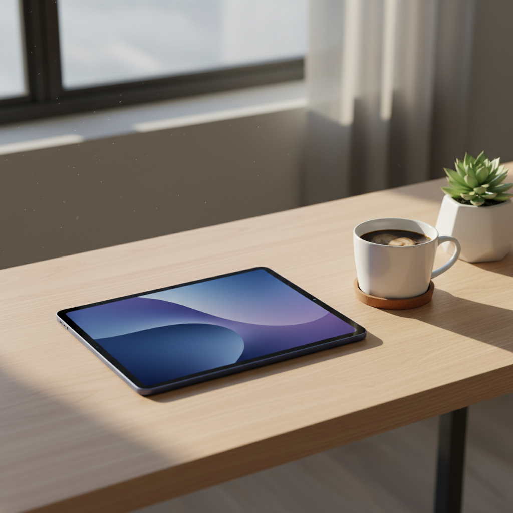 A sleek 11-inch blue M3 iPad Air resting on a minimalist wooden desk next to a cup of coffee and a small plant. Natural morning sunlight coming through a window. High-quality lifestyle photography. 4:3