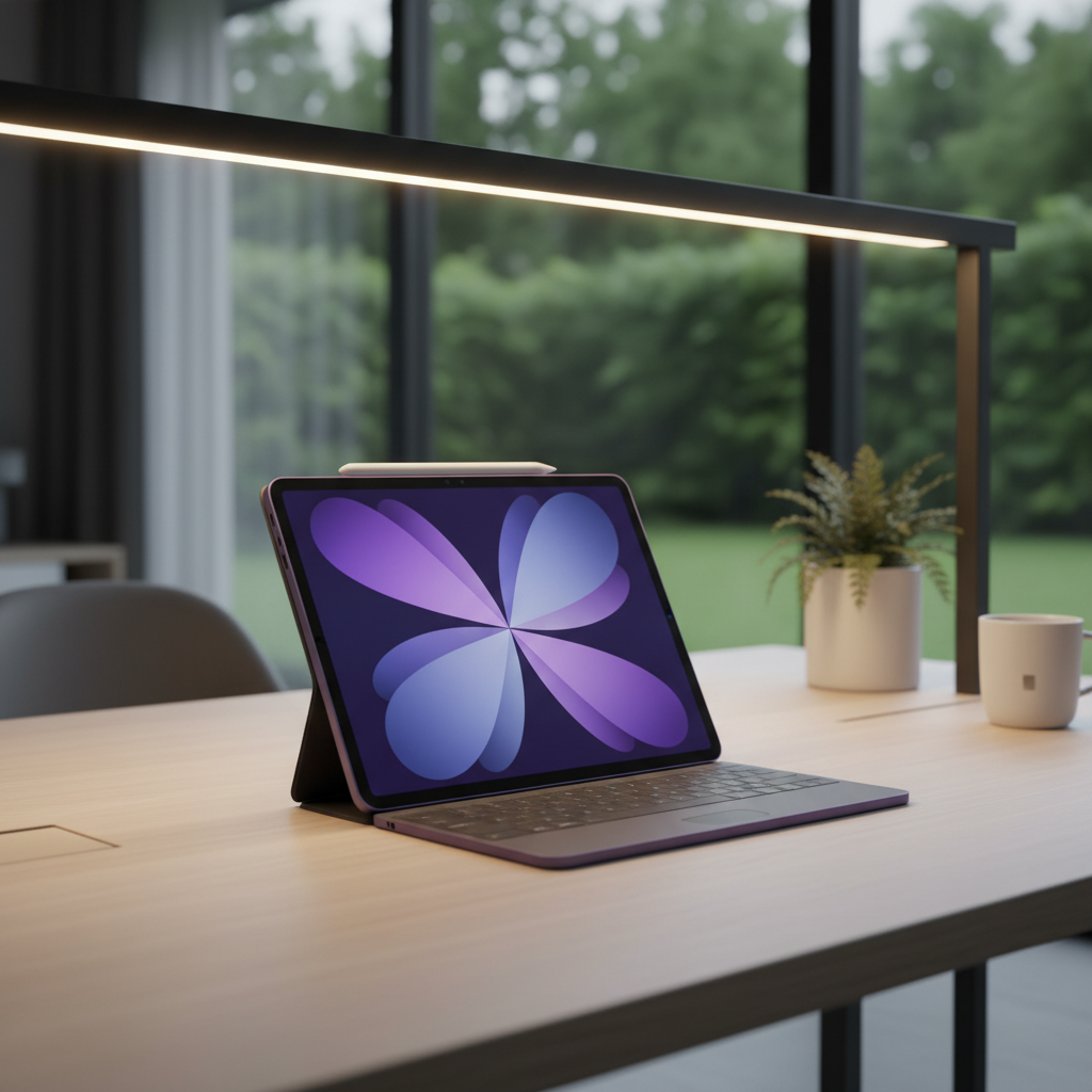 미니멀한 데스크 위의 아이패드 에어 M4