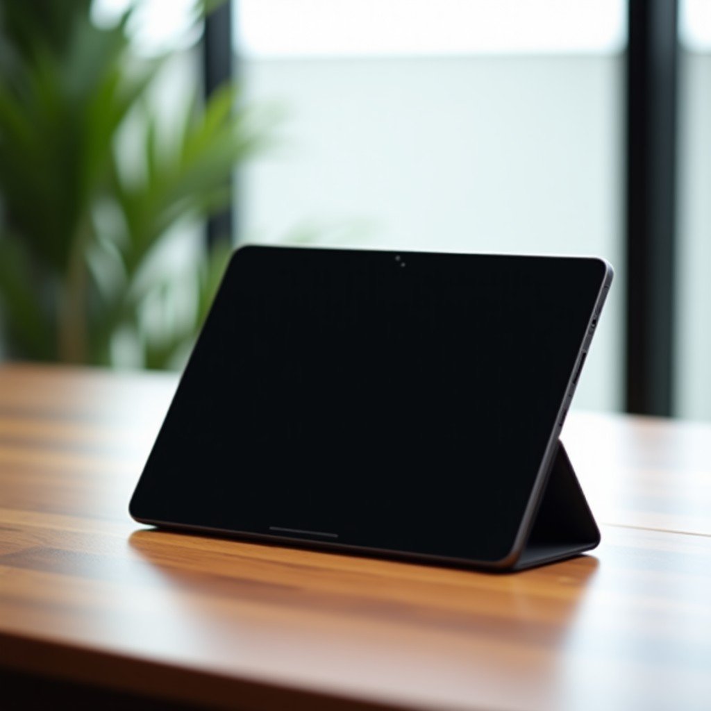 A sleek modern tablet device placed on a minimalist wooden desk, professional photography, soft natural lighting, high resolution, 4:3 aspect ratio